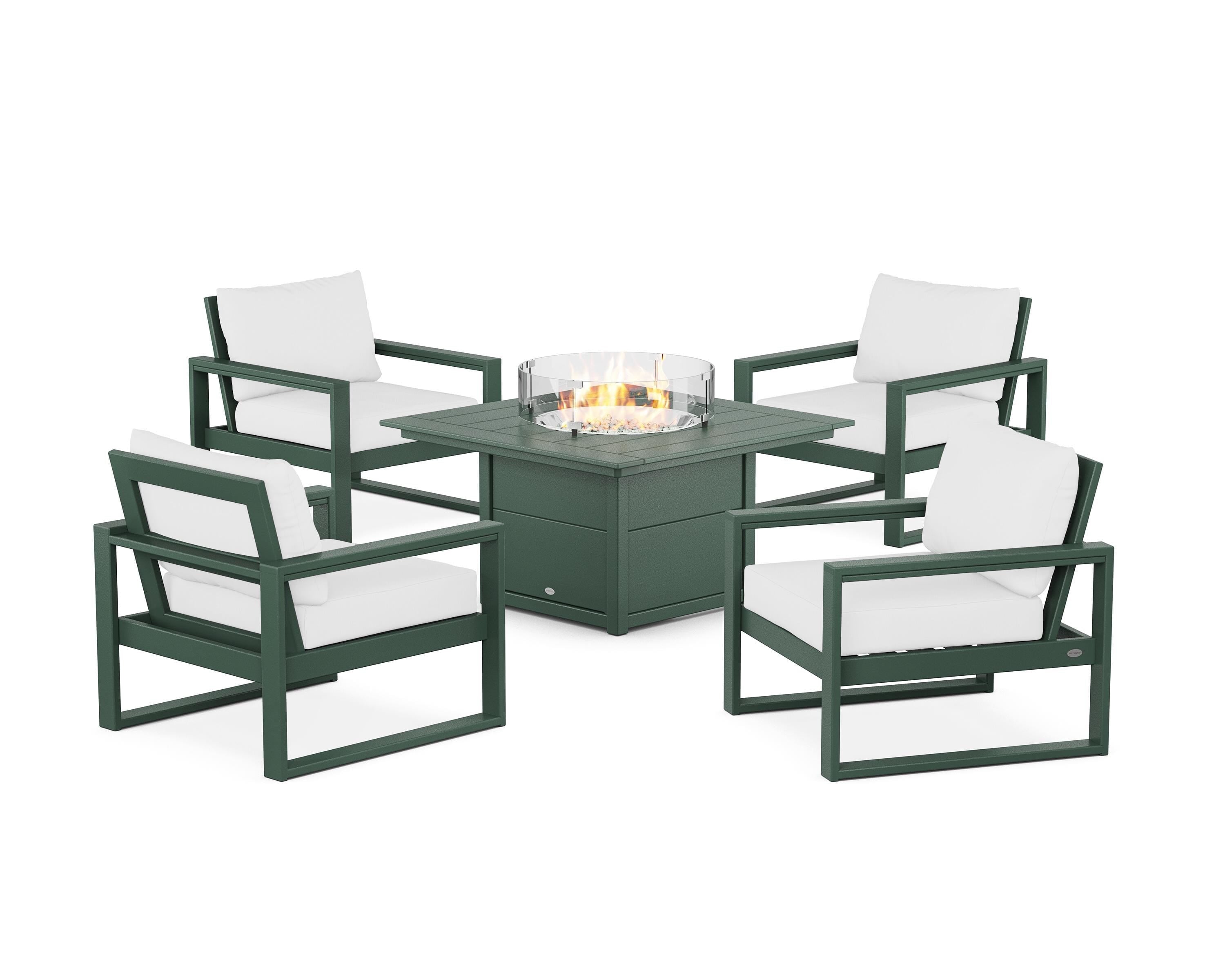 POLYWOOD EDGE Sectional 5-Piece Deep Seating Set with Fire Pit Table in Green / Natural