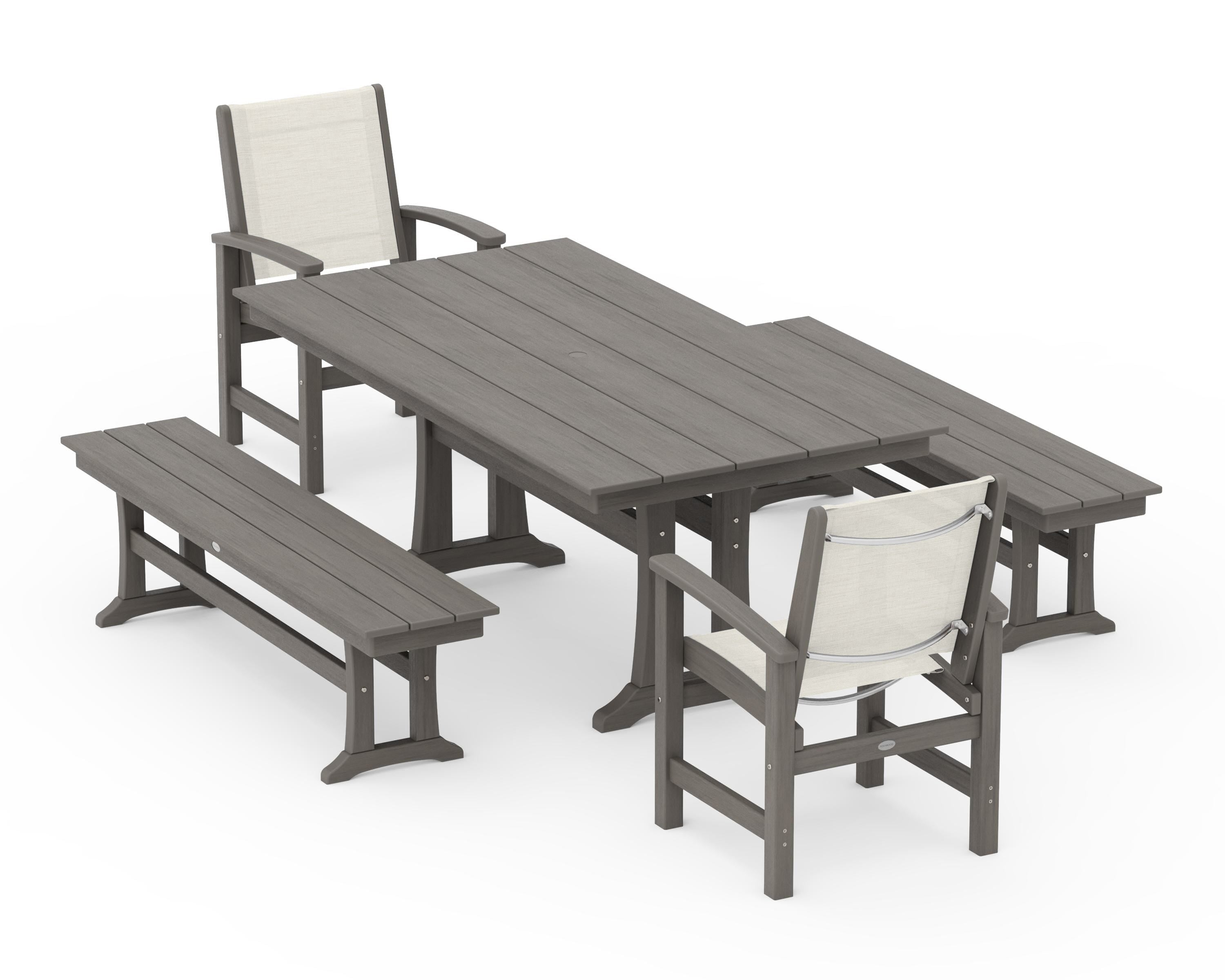 POLYWOOD Coastal 5-Piece Farmhouse Dining Set with Trestle Legs and Benches in Driftwood / Parchment Sling