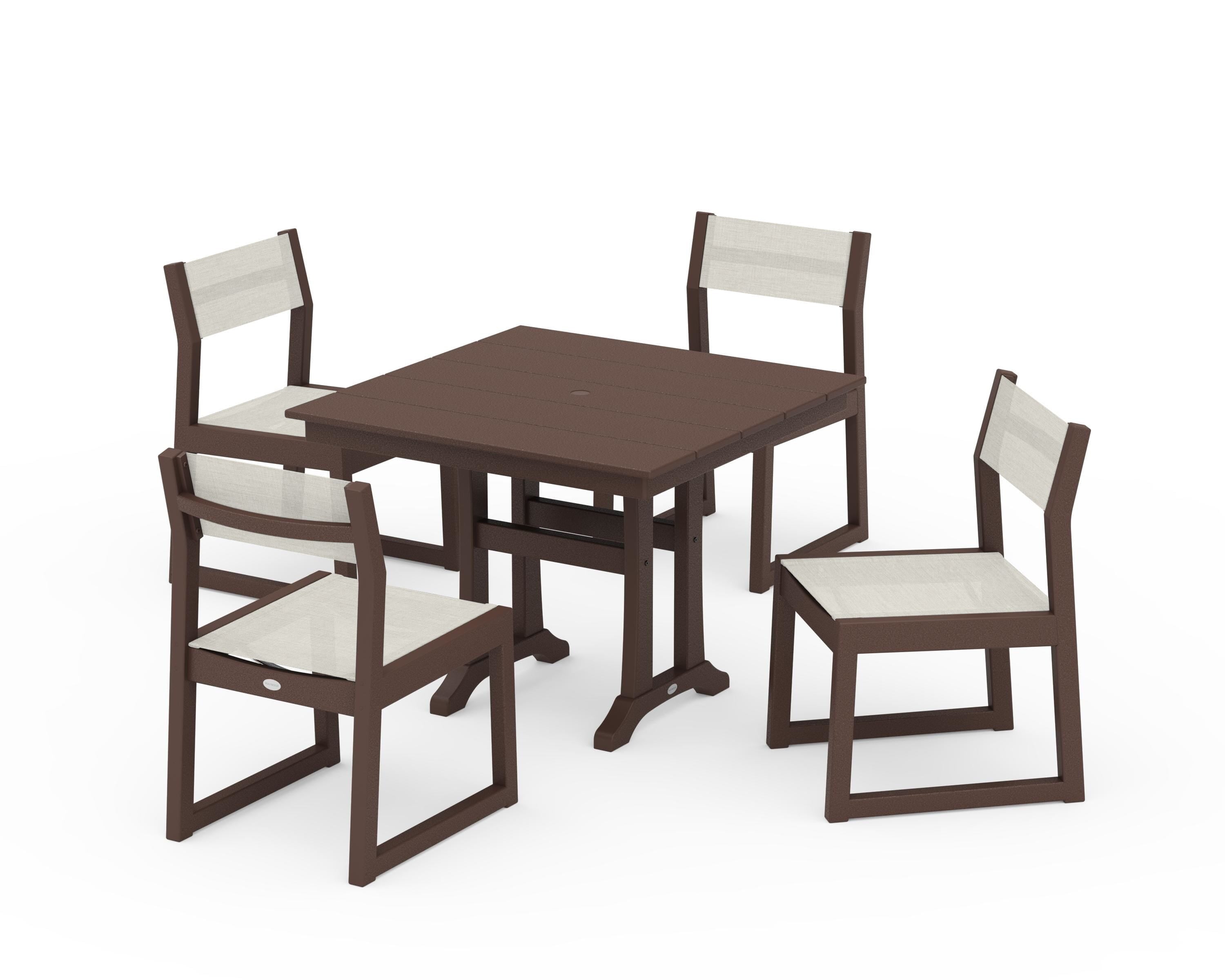 POLYWOOD EDGE Sling 5-Piece Farmhouse Trestle Side Chair Dining Set in Mahogany / Parchment Sling