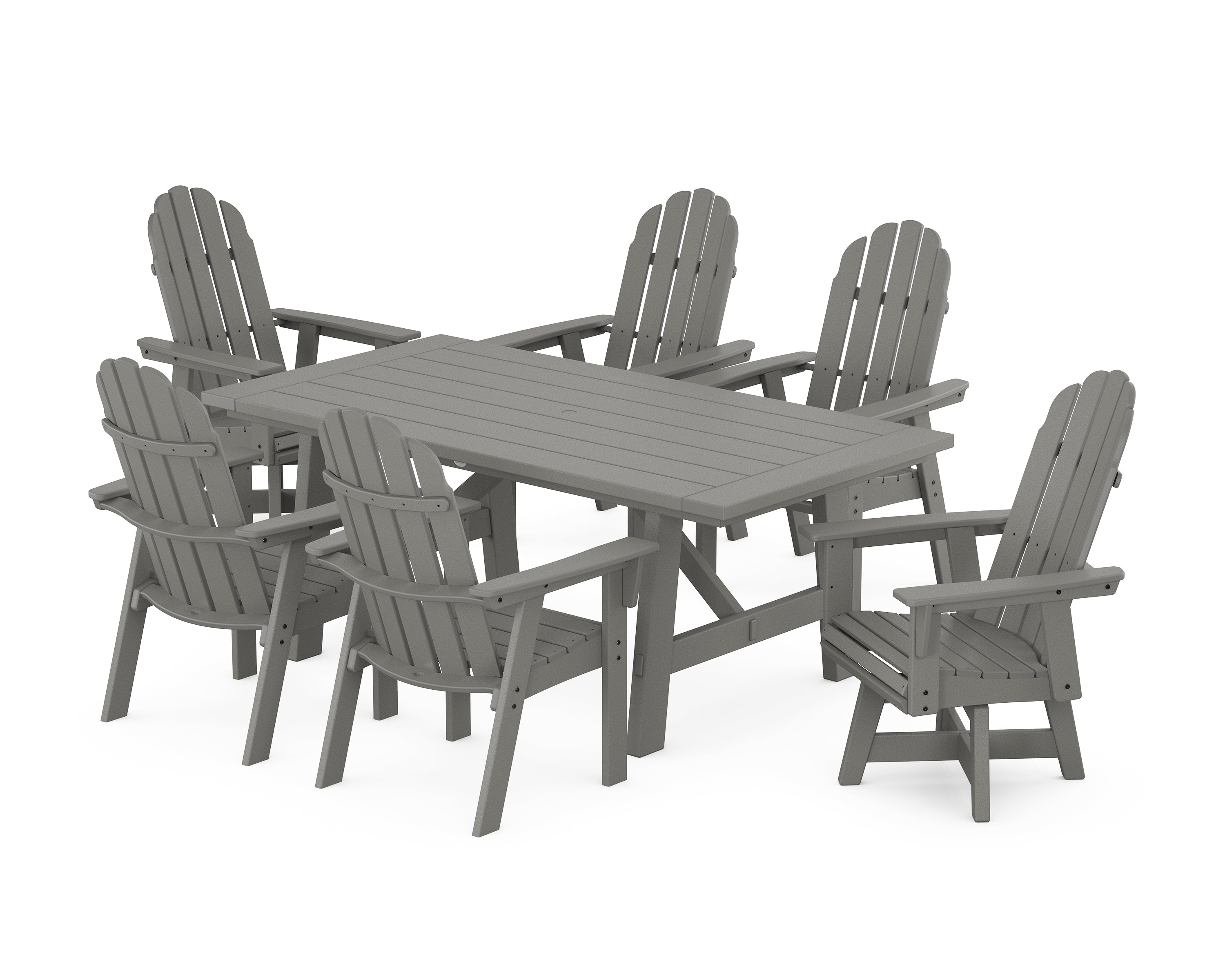 POLYWOOD® Vineyard Curveback Adirondack Swivel Chair 7-Piece Rustic Farmhouse Dining Set in Slate Grey