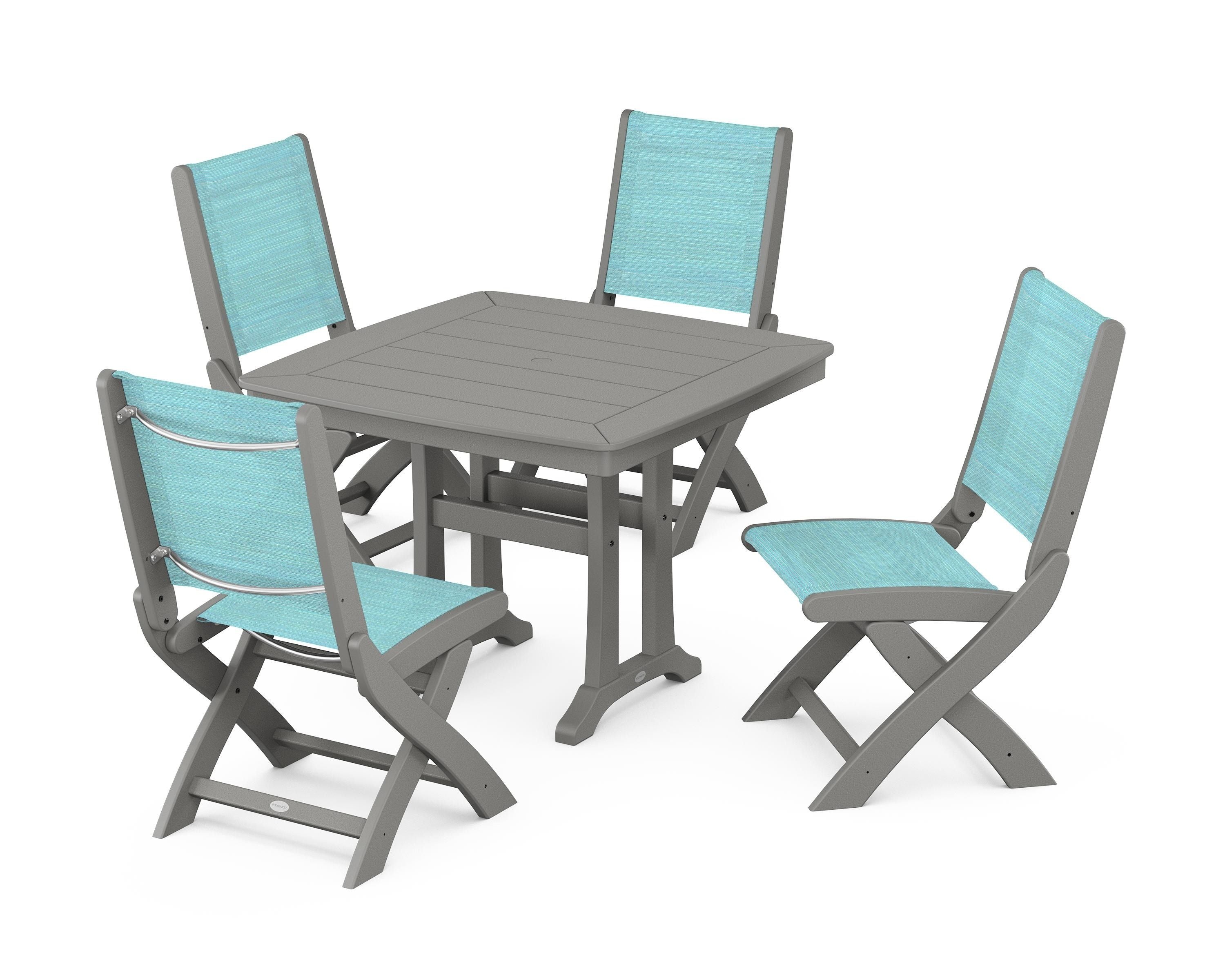 POLYWOOD Coastal Folding Side Chair 5-Piece Dining Set with Trestle Legs in Slate Grey / Dupioni Aquamarine Sling