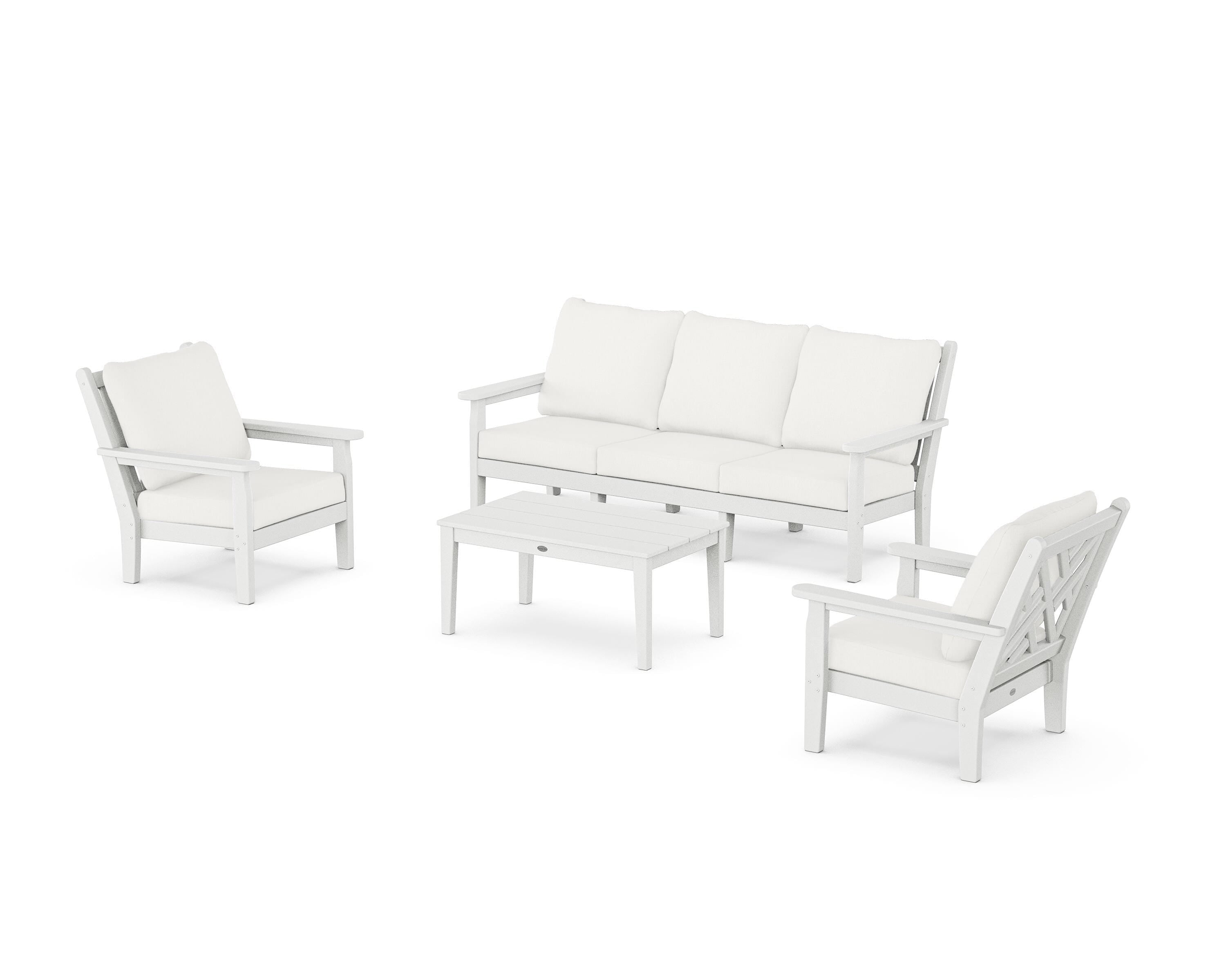 POLYWOOD Chippendale 4-Piece Deep Seating Set with Sofa in White / Natural Linen