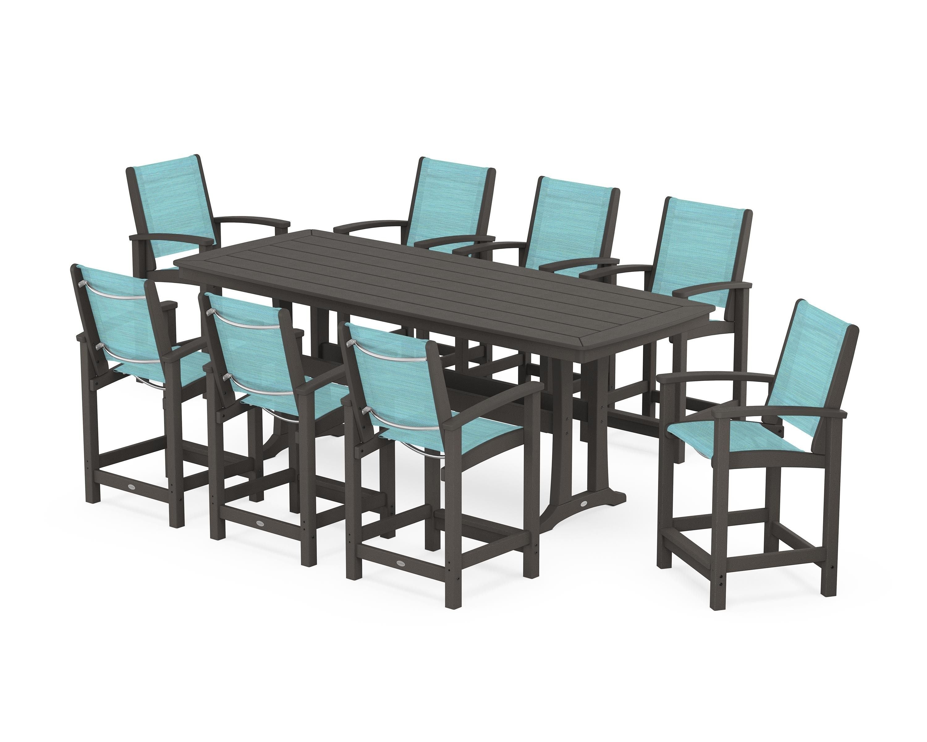 POLYWOOD Coastal 9-Piece Counter Set with Trestle Legs in Vintage Coffee / Dupioni Aquamarine Sling