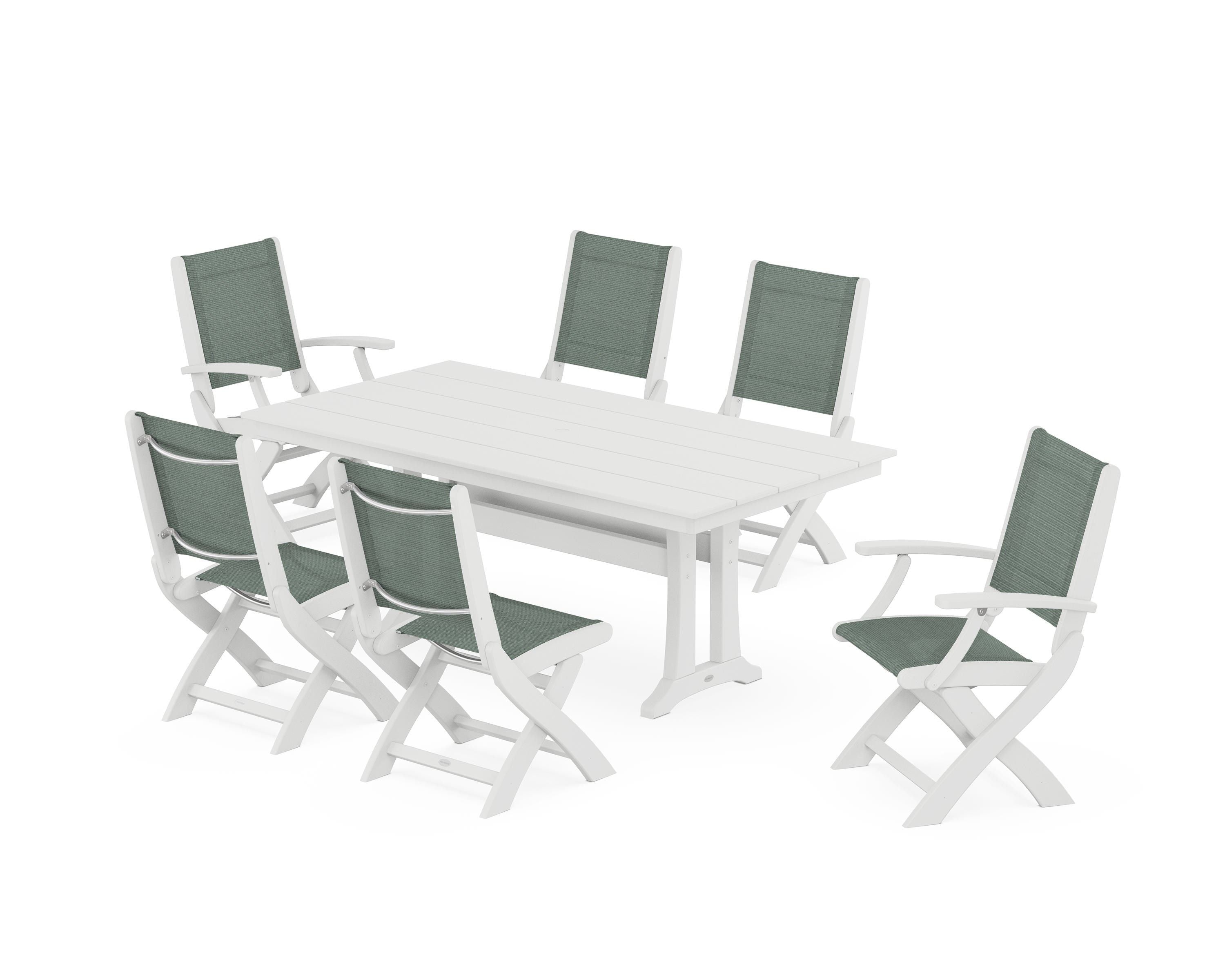 POLYWOOD Coastal Folding Chair 7-Piece Farmhouse Dining Set with Trestle Legs in White / Dupioni Sea Mist Sling