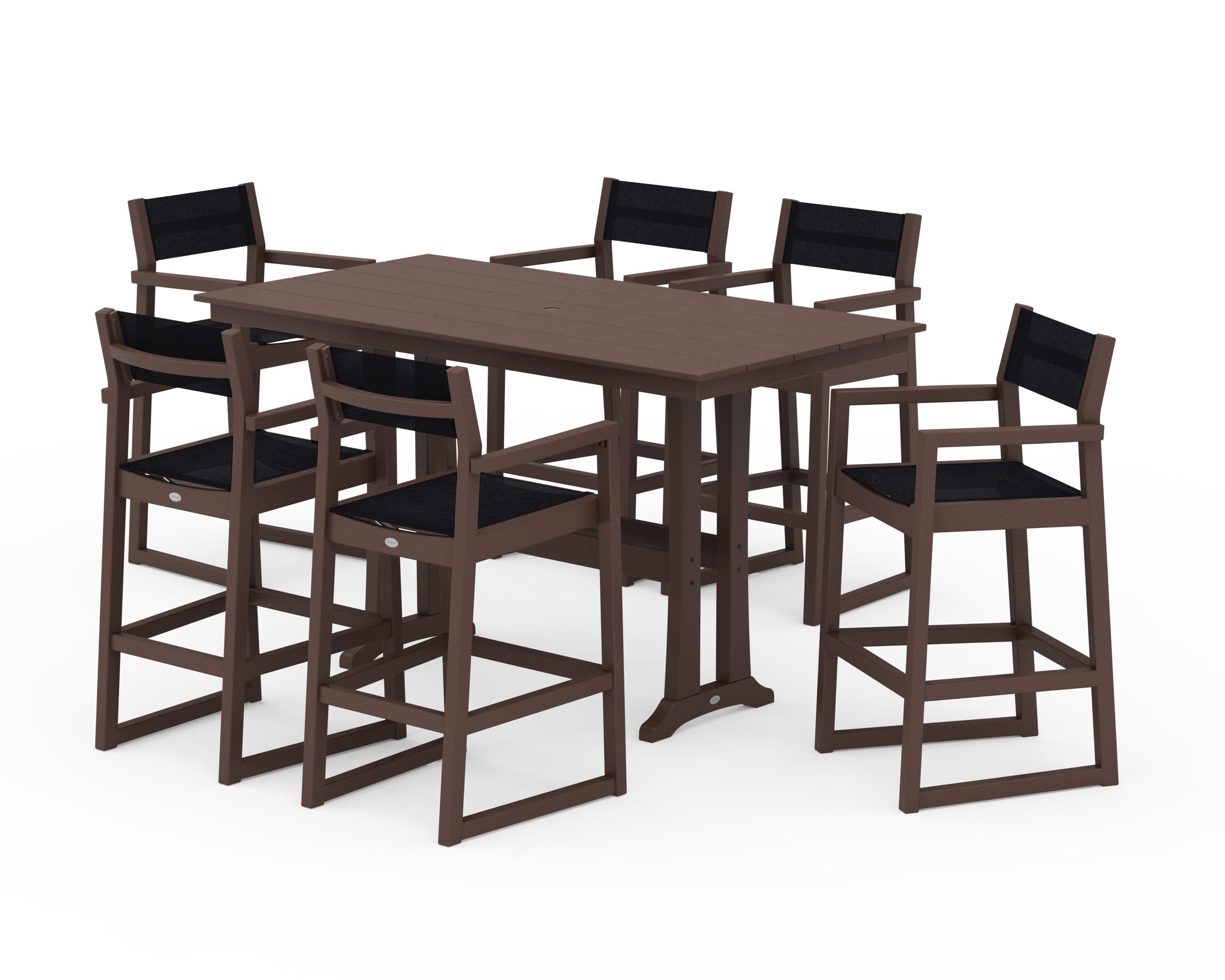 POLYWOOD EDGE Sling Arm Chair 7-Piece Farmhouse Bar Set with Trestle Legs in Mahogany / Black Sling