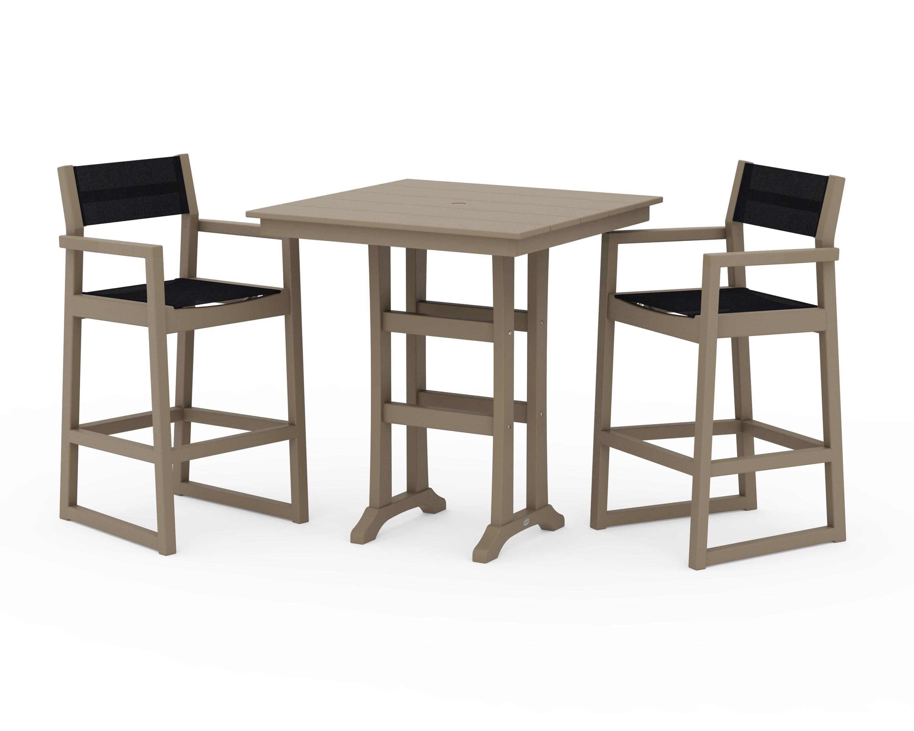 POLYWOOD EDGE Sling Arm Chair 3-Piece Farmhouse Bar Set with Trestle Legs in Vintage Sahara / Black Sling