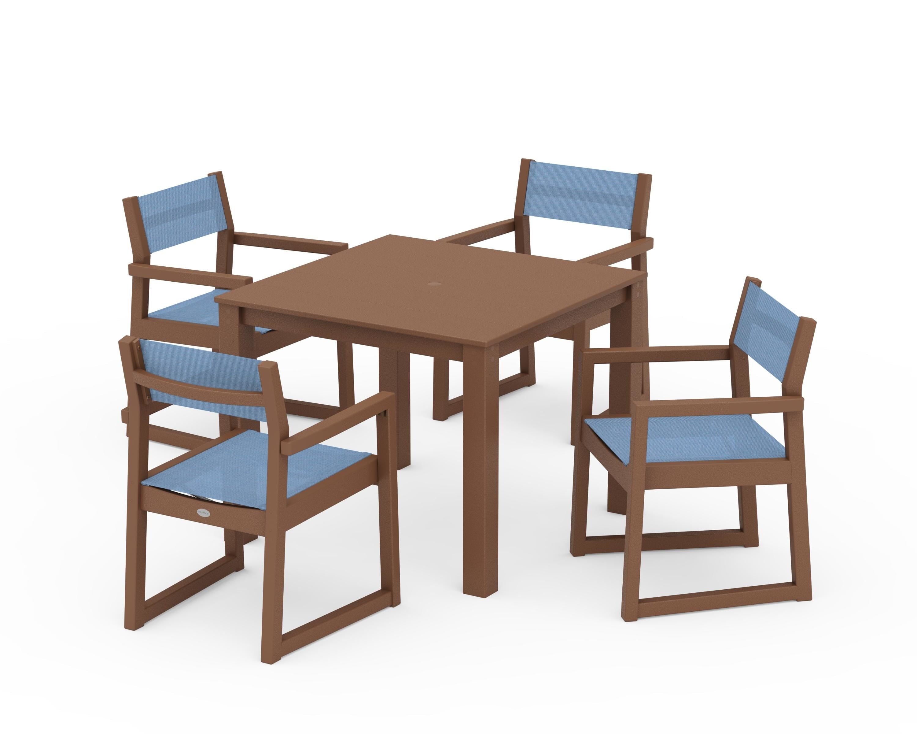 POLYWOOD EDGE Sling Arm Chair 5-Piece Parsons Dining Set in Teak / Poolside Sling