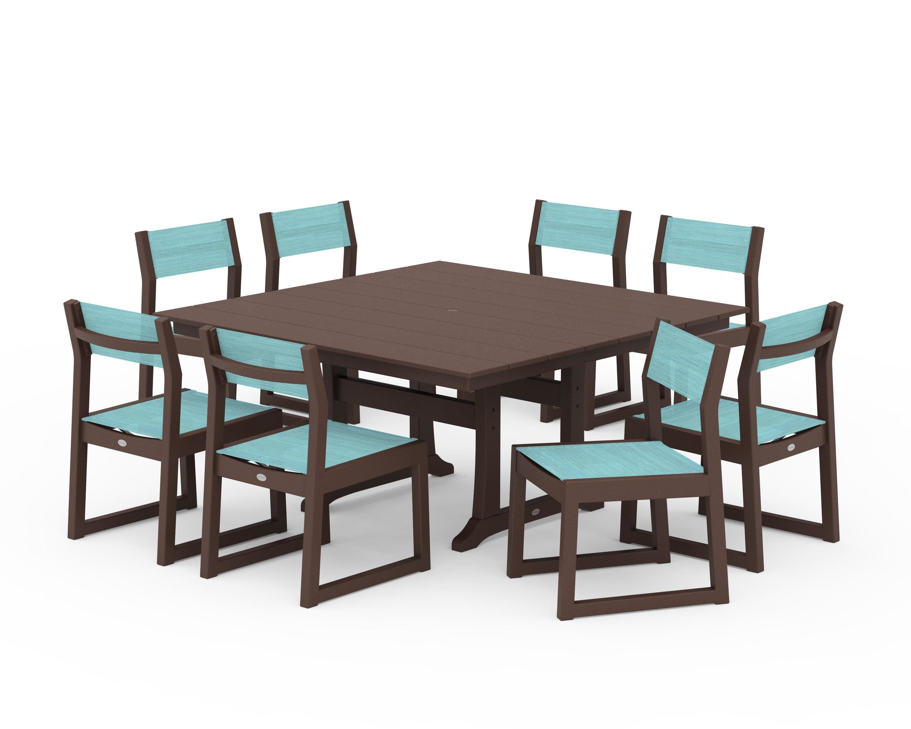 POLYWOOD EDGE Sling Side Chair 9-Piece Farmhouse Trestle Dining Set in Mahogany / Dupioni Aquamarine Sling