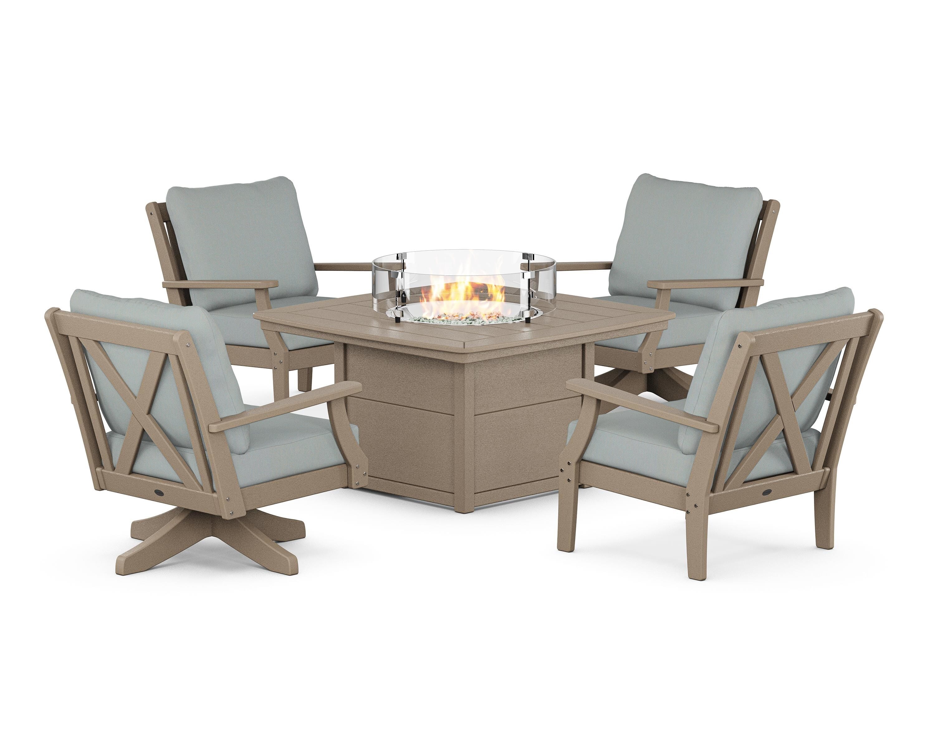 POLYWOOD Braxton 5-Piece Deep Seating Set with Fire Table in Vintage Sahara / Spa