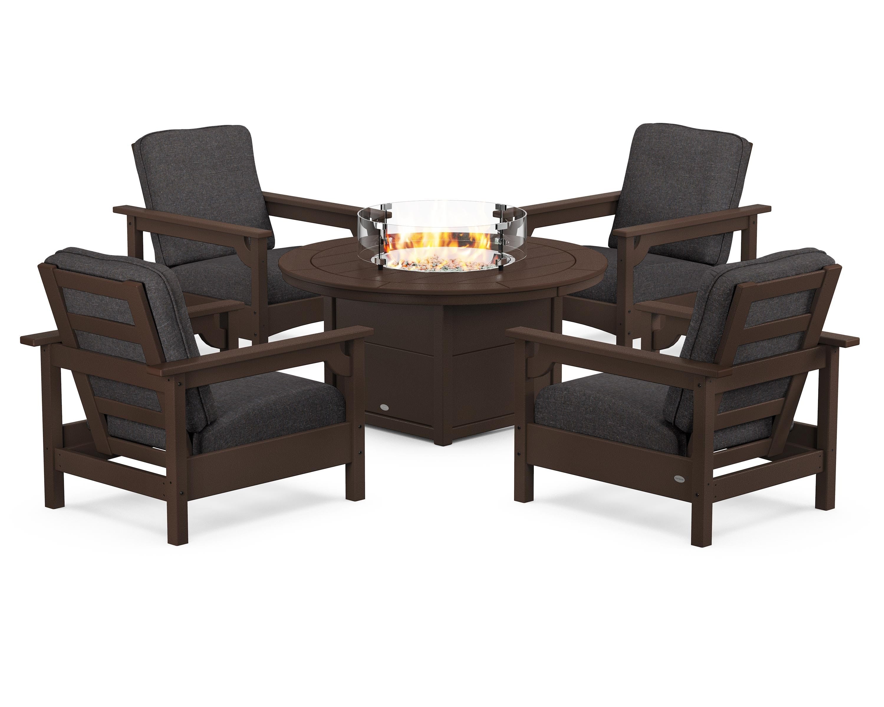 POLYWOOD Club 5-Piece Conversation Set with Fire Pit Table in Mahogany / Ash Charcoal