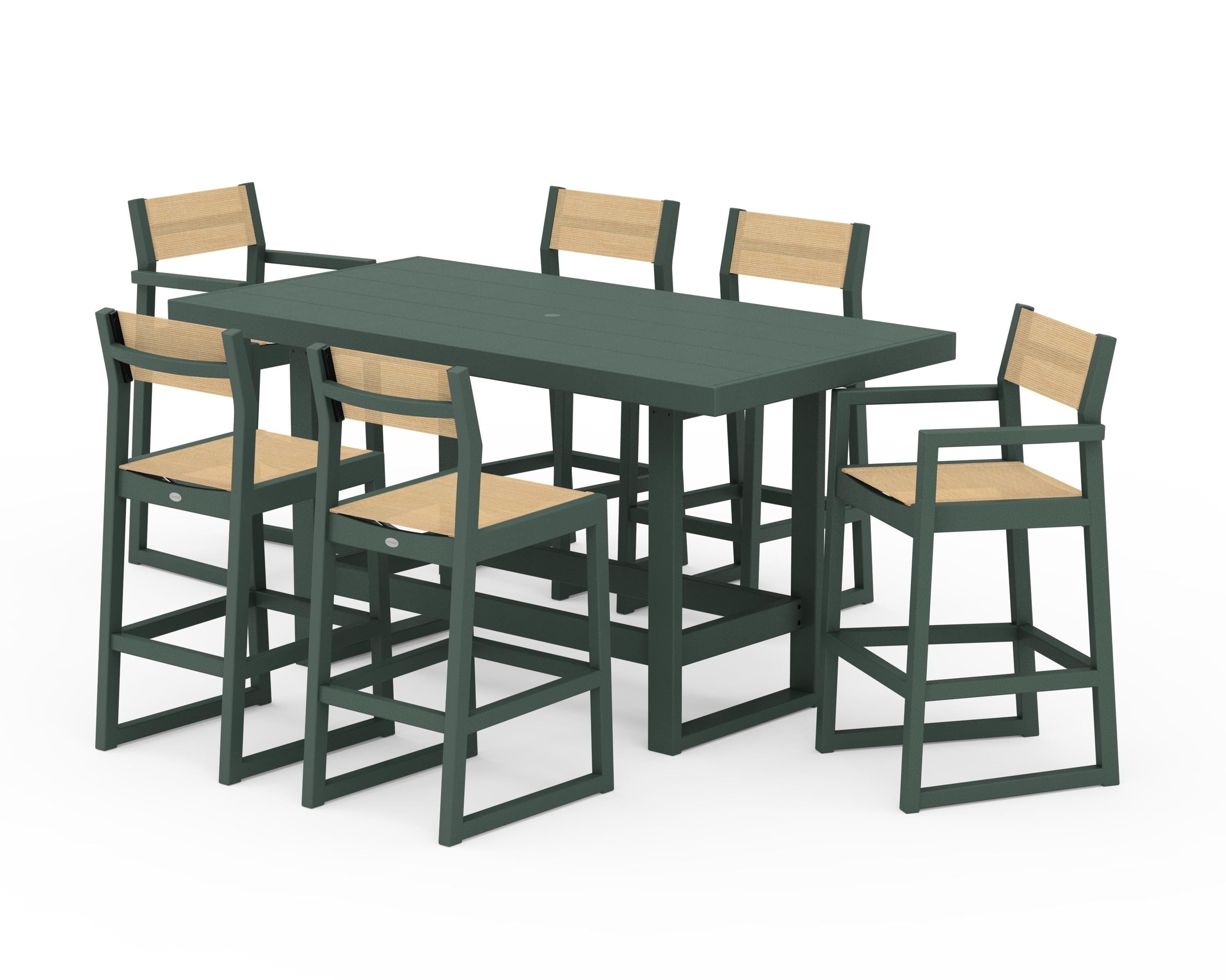 POLYWOOD EDGE Sling 7-Piece Bar Table Set in Green / Dupioni Apricot Sling