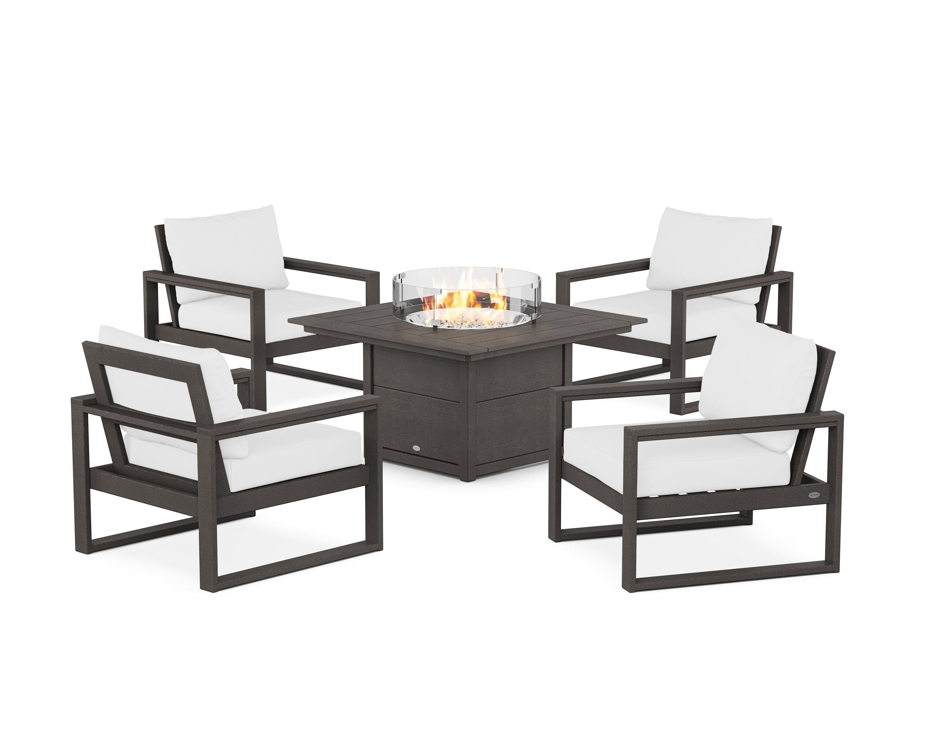 POLYWOOD EDGE Sectional 5-Piece Deep Seating Set with Fire Pit Table in Vintage Coffee / Natural