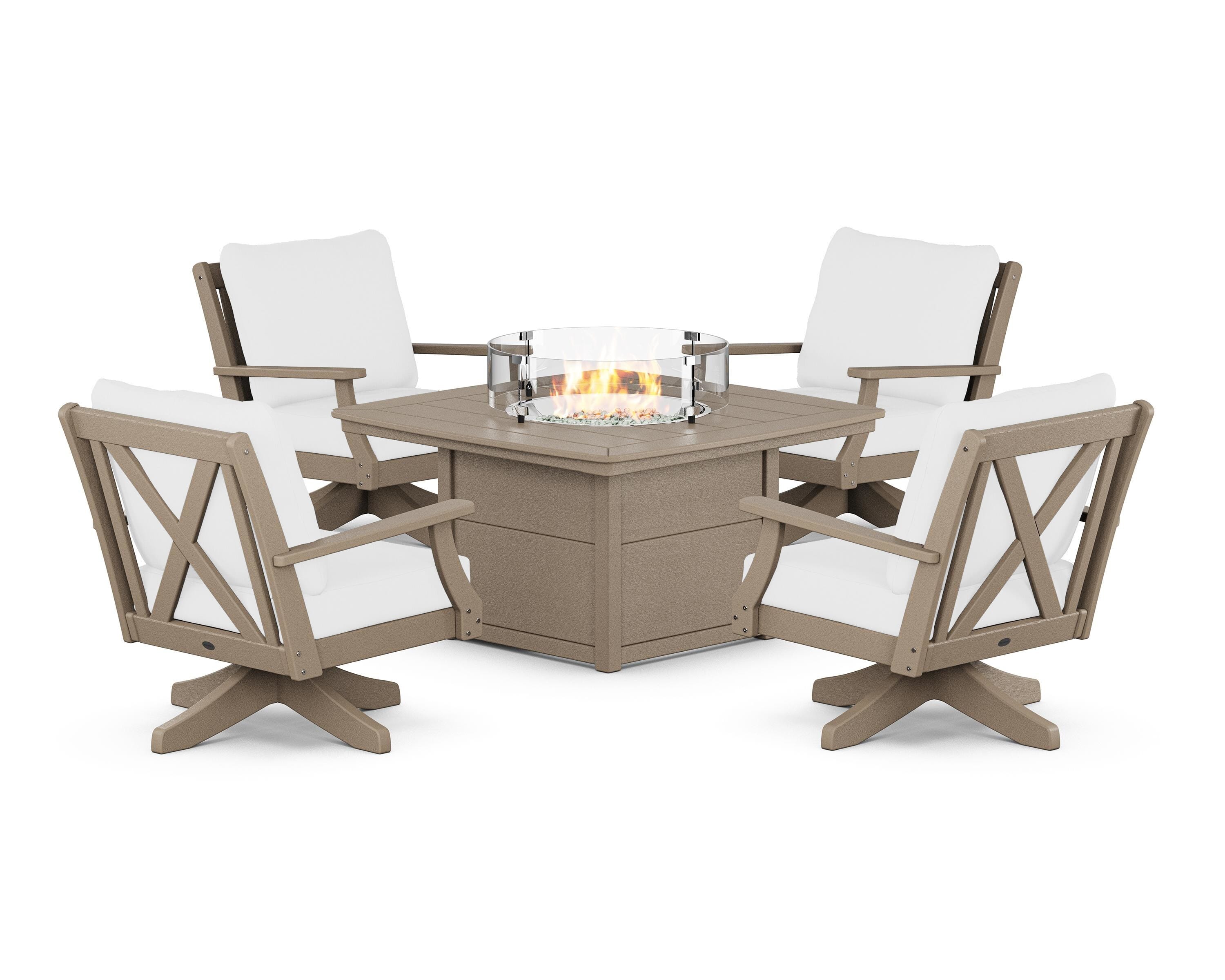 POLYWOOD Braxton 5-Piece Deep Seating Swivel Conversation Set with Fire Pit Table in Vintage Sahara / Natural