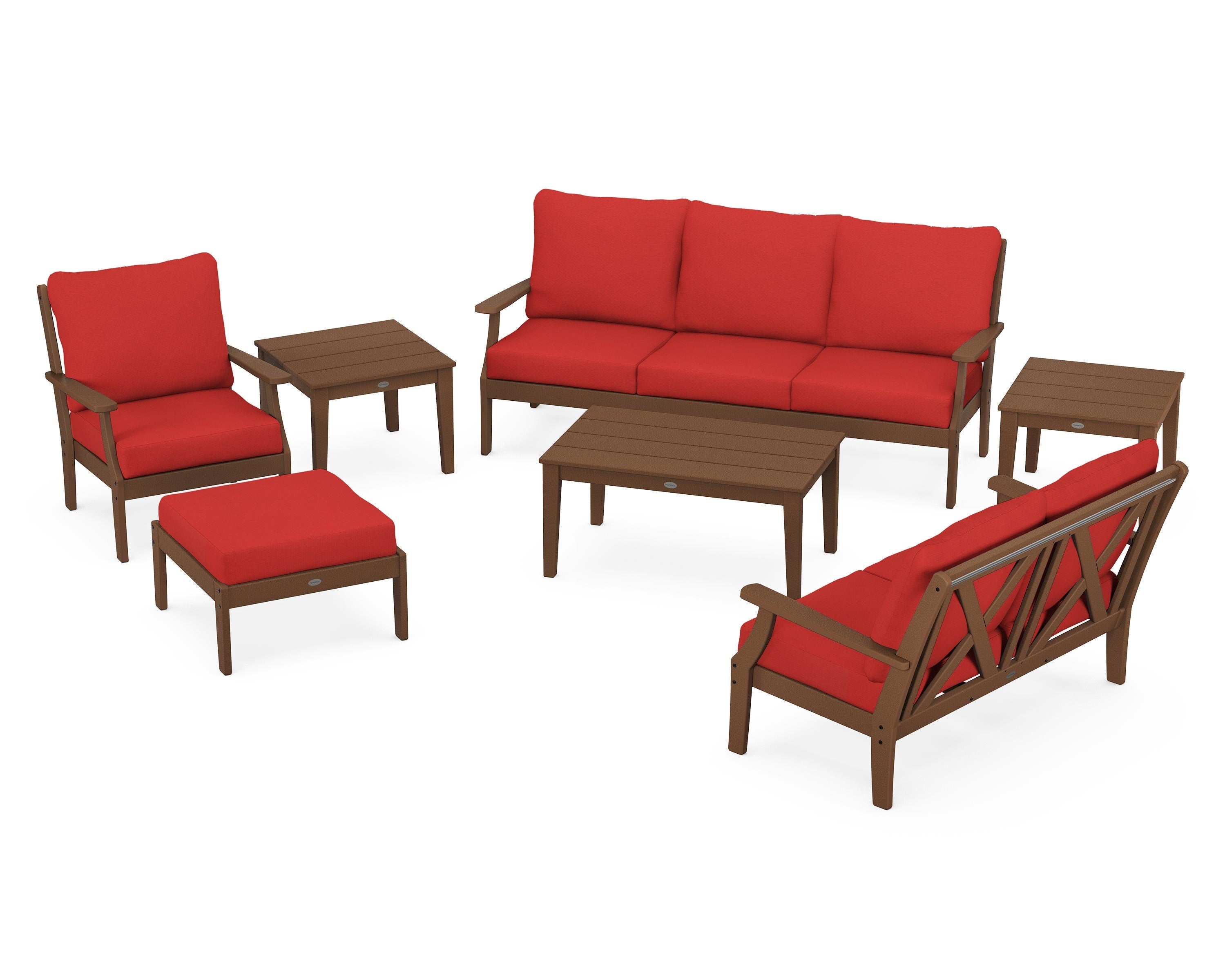 POLYWOOD Braxton 7-Piece Deep Seating Set in Teak / Crimson Linen