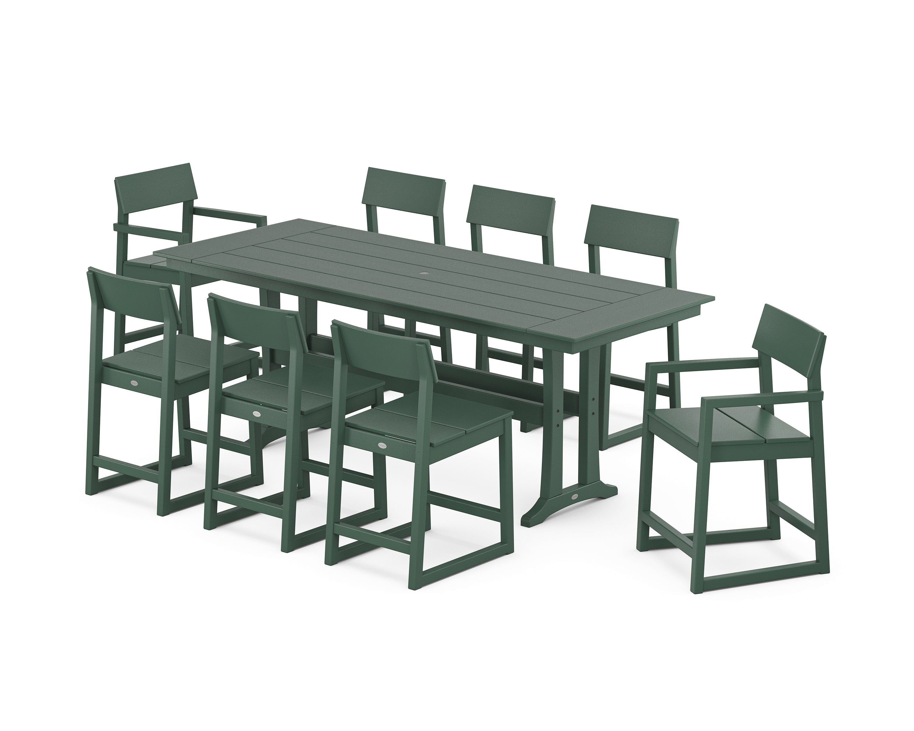 POLYWOOD EDGE 9-Piece Farmhouse Counter Set with Trestle Legs in Green