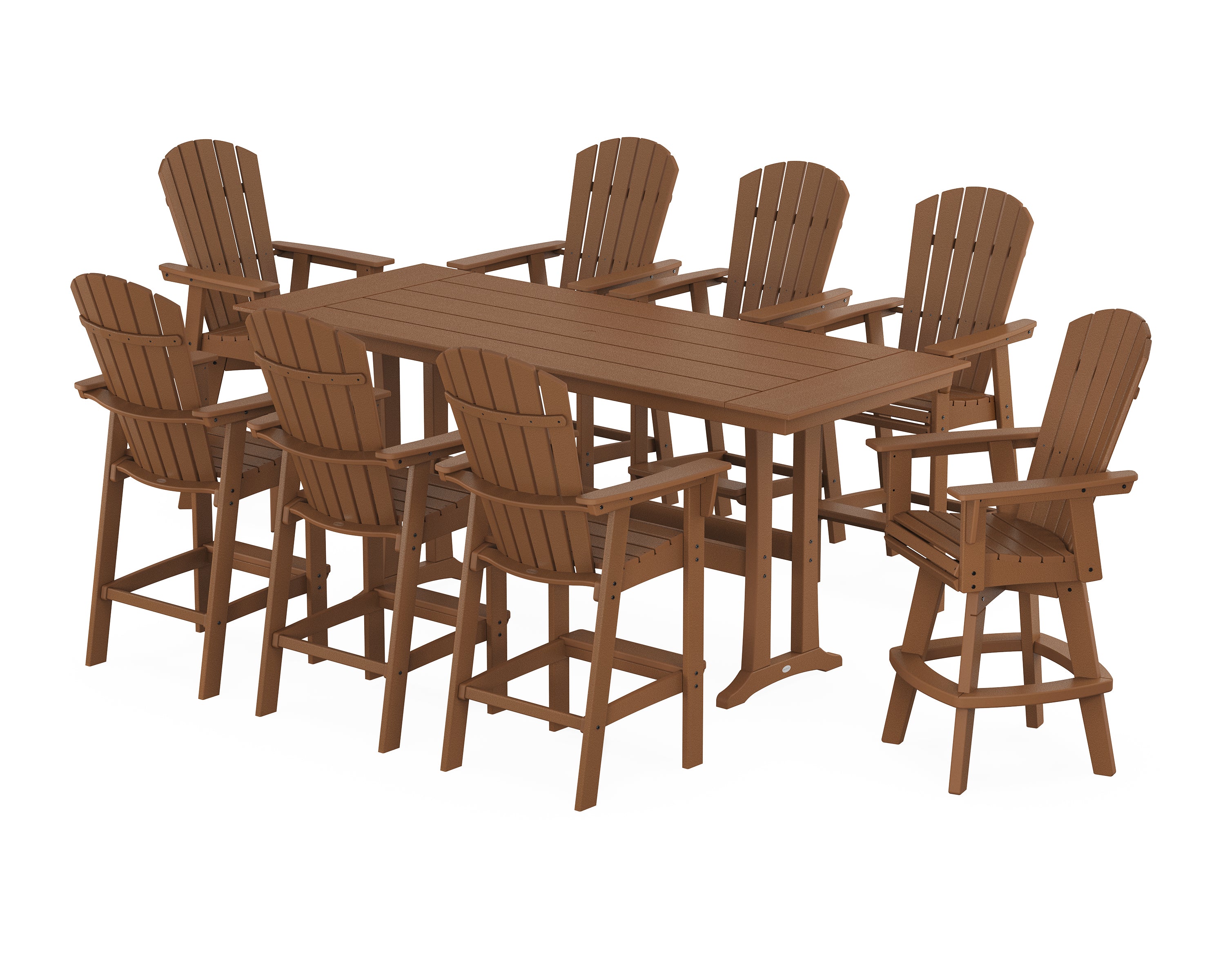 POLYWOOD® Nautical Curveback Adirondack Swivel 9-Piece Farmhouse Swivel Bar Set with Trestle Legs in Teak
