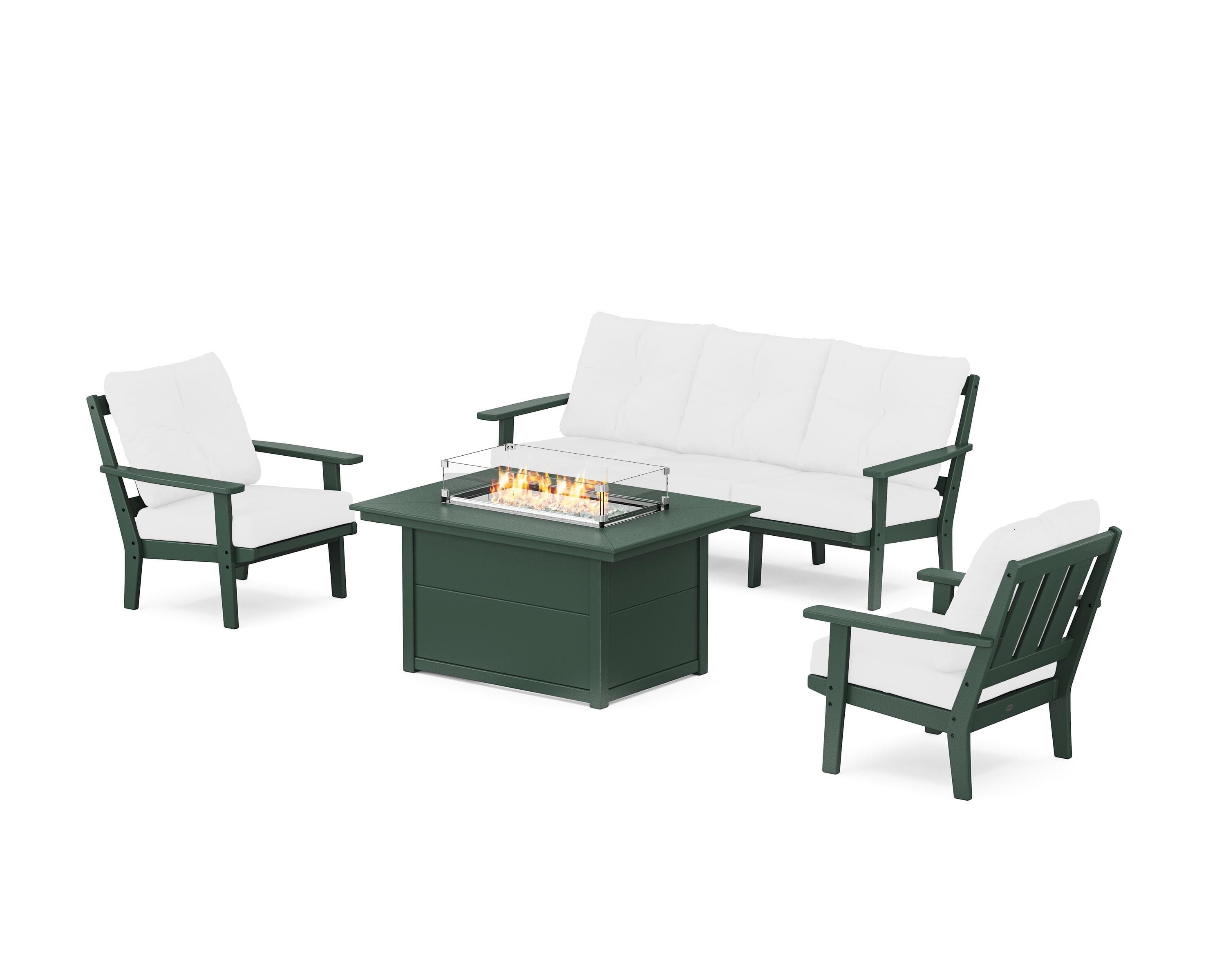 POLYWOOD Oxford Deep Seating Fire Pit Table Set in Green / Natural