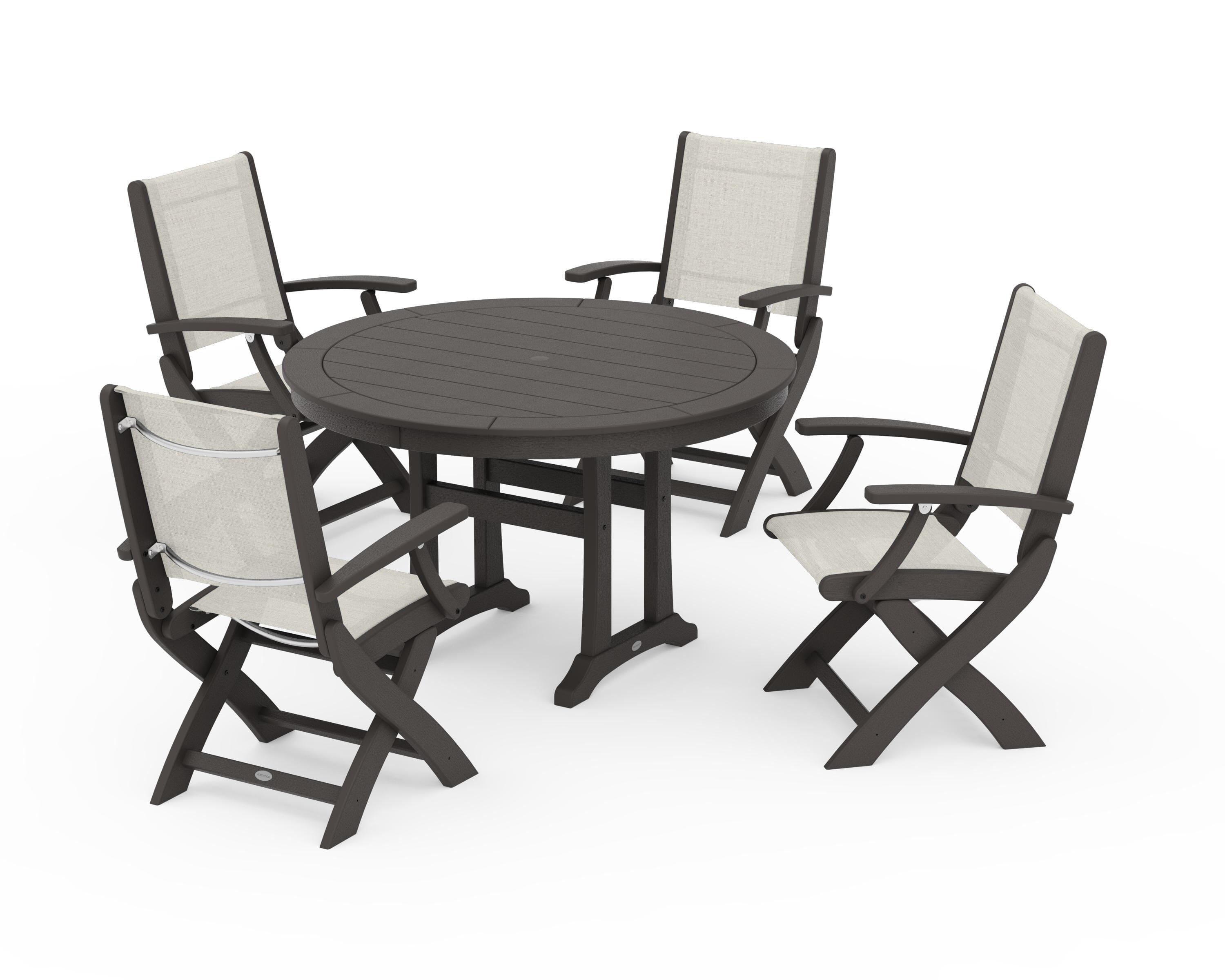 POLYWOOD Coastal Folding Chair 5-Piece Round Dining Set with Trestle Legs in Vintage Coffee / Parchment Sling