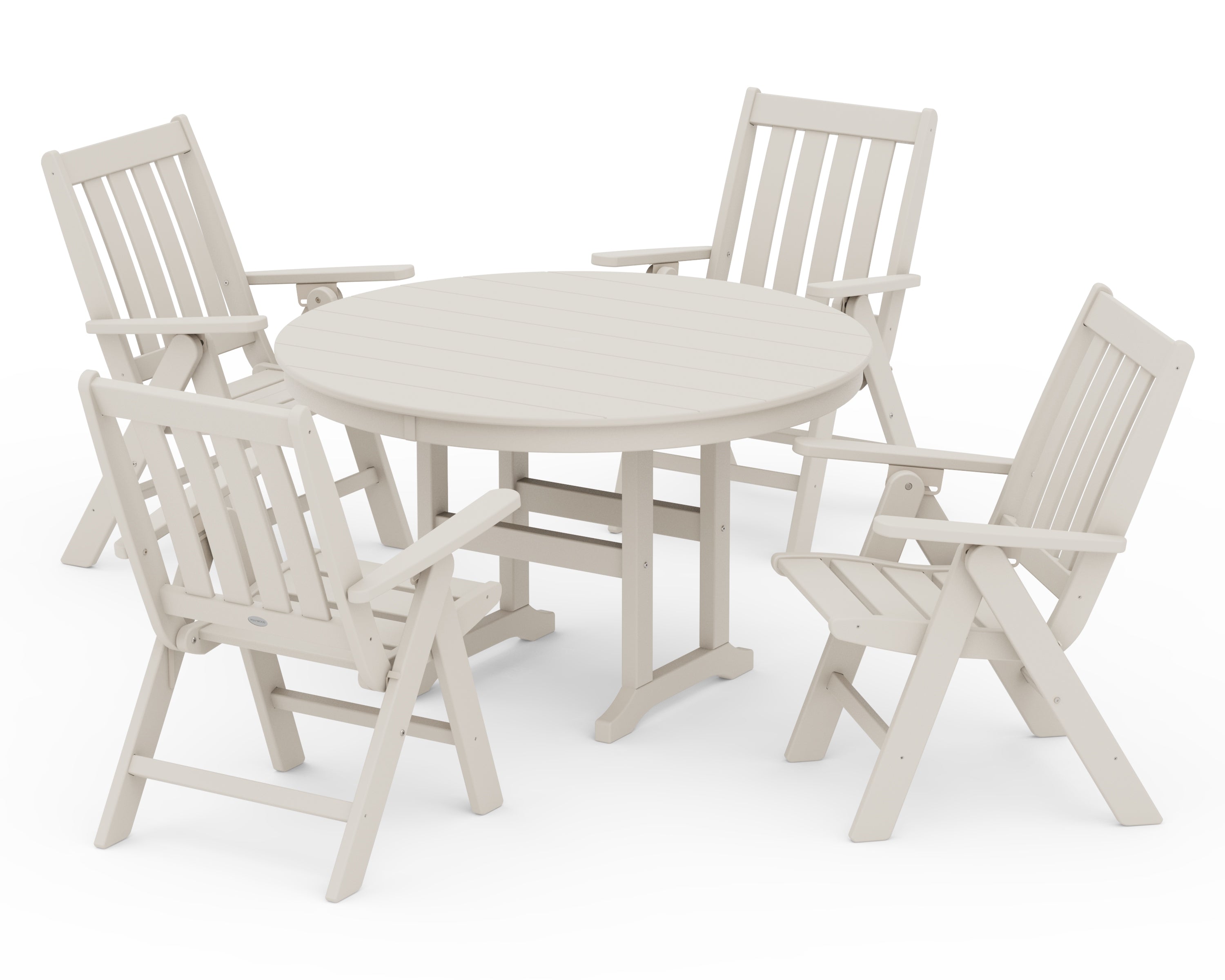 POLYWOOD Vineyard Folding Chair 5-Piece Round Farmhouse Dining Set in Sand