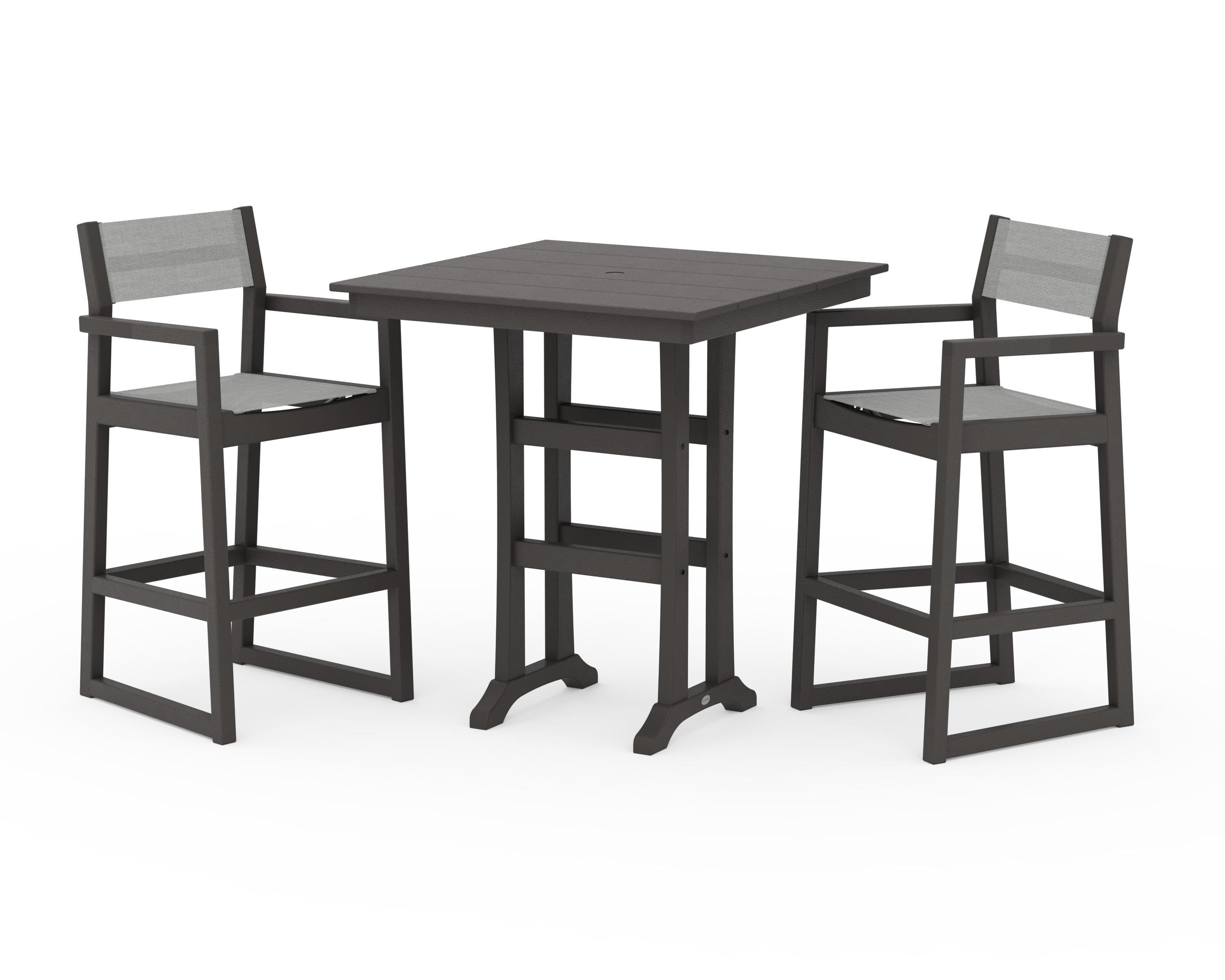 POLYWOOD EDGE Sling Arm Chair 3-Piece Farmhouse Bar Set with Trestle Legs in Vintage Coffee / Metallic Sling