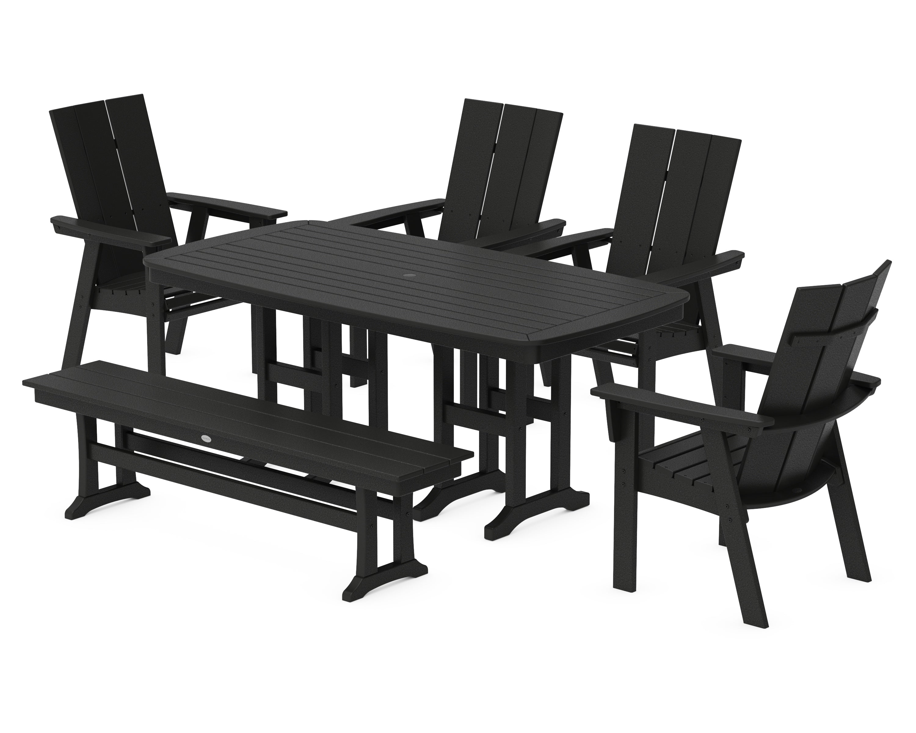 POLYWOOD Modern Curveback Adirondack 6-Piece Dining Set with Bench in Black