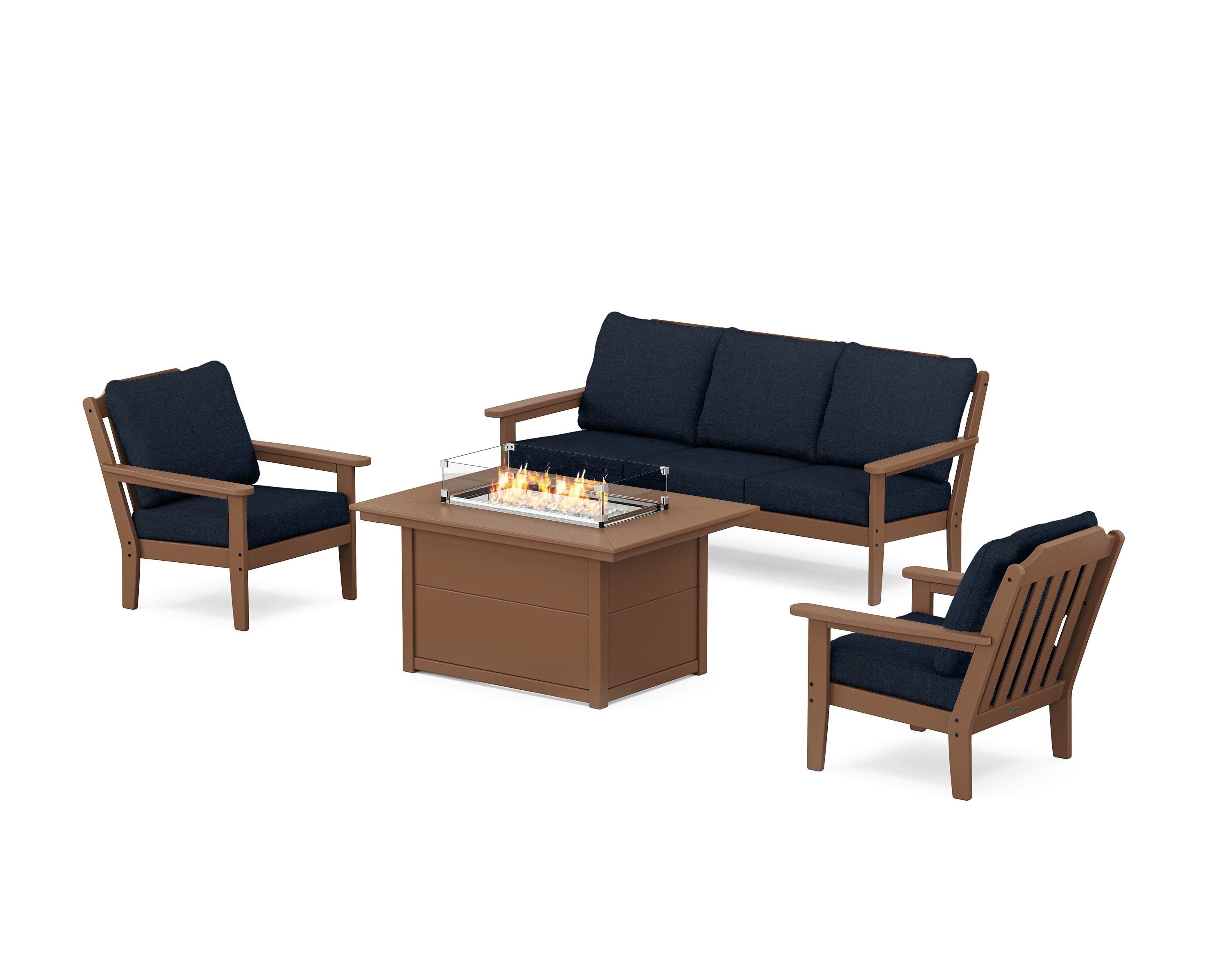 Country Living Cottage Deep Seating Fire Pit Table Set in Teak / Marine Indigo