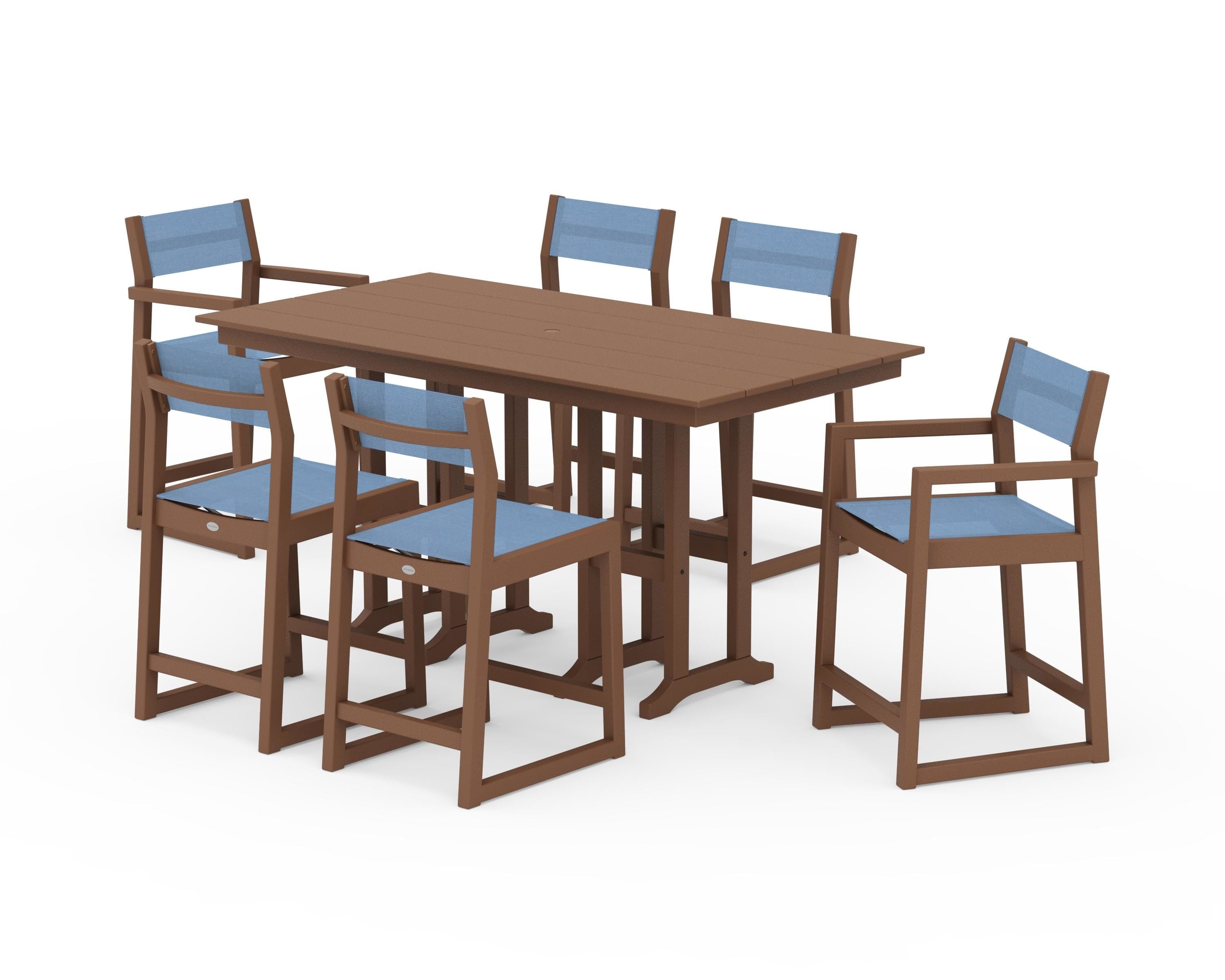POLYWOOD EDGE Sling 7-Piece Farmhouse Counter Set in Teak / Poolside Sling