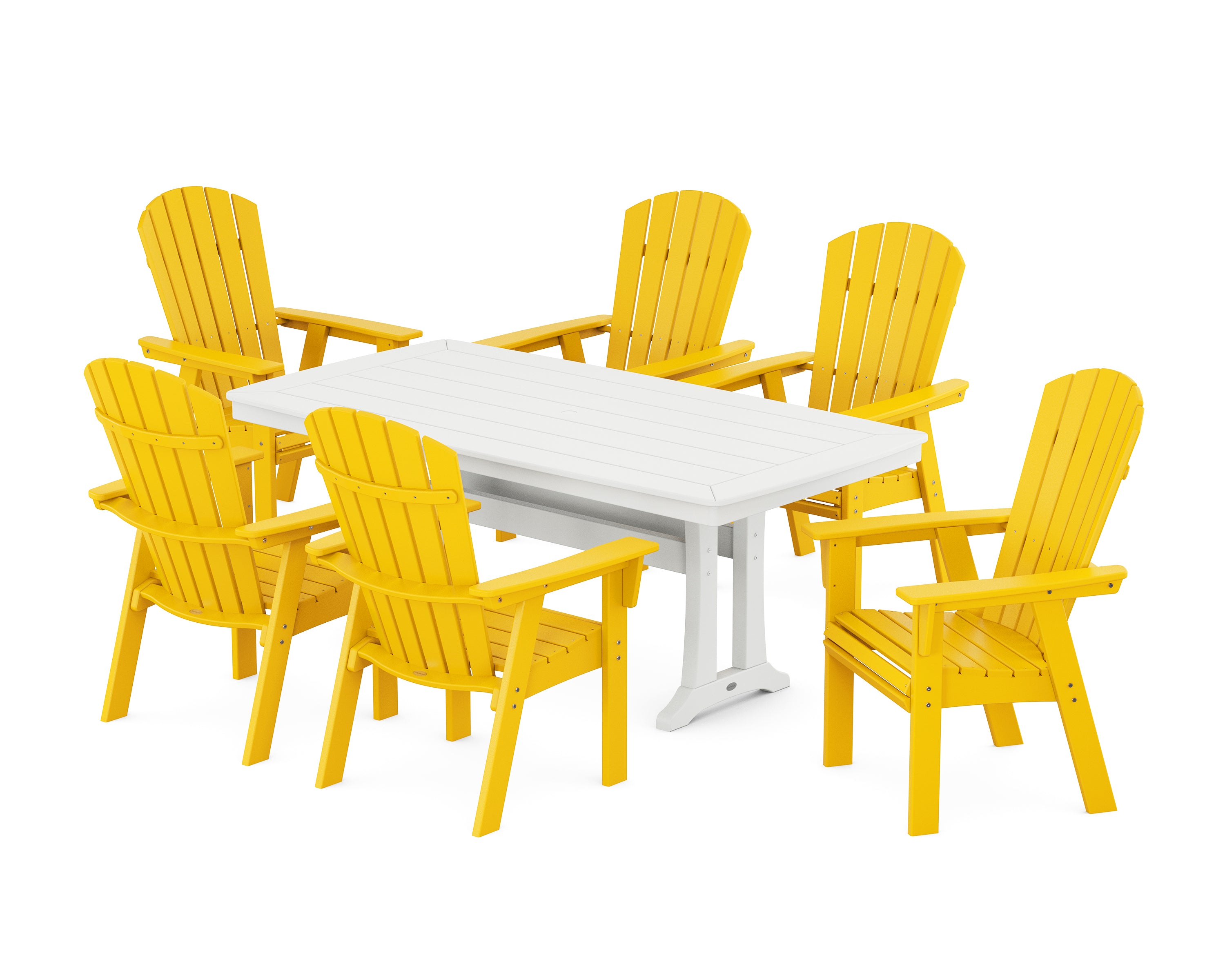 POLYWOOD Nautical Curveback Adirondack 7-Piece Dining Set with Trestle Legs in Lemon / White