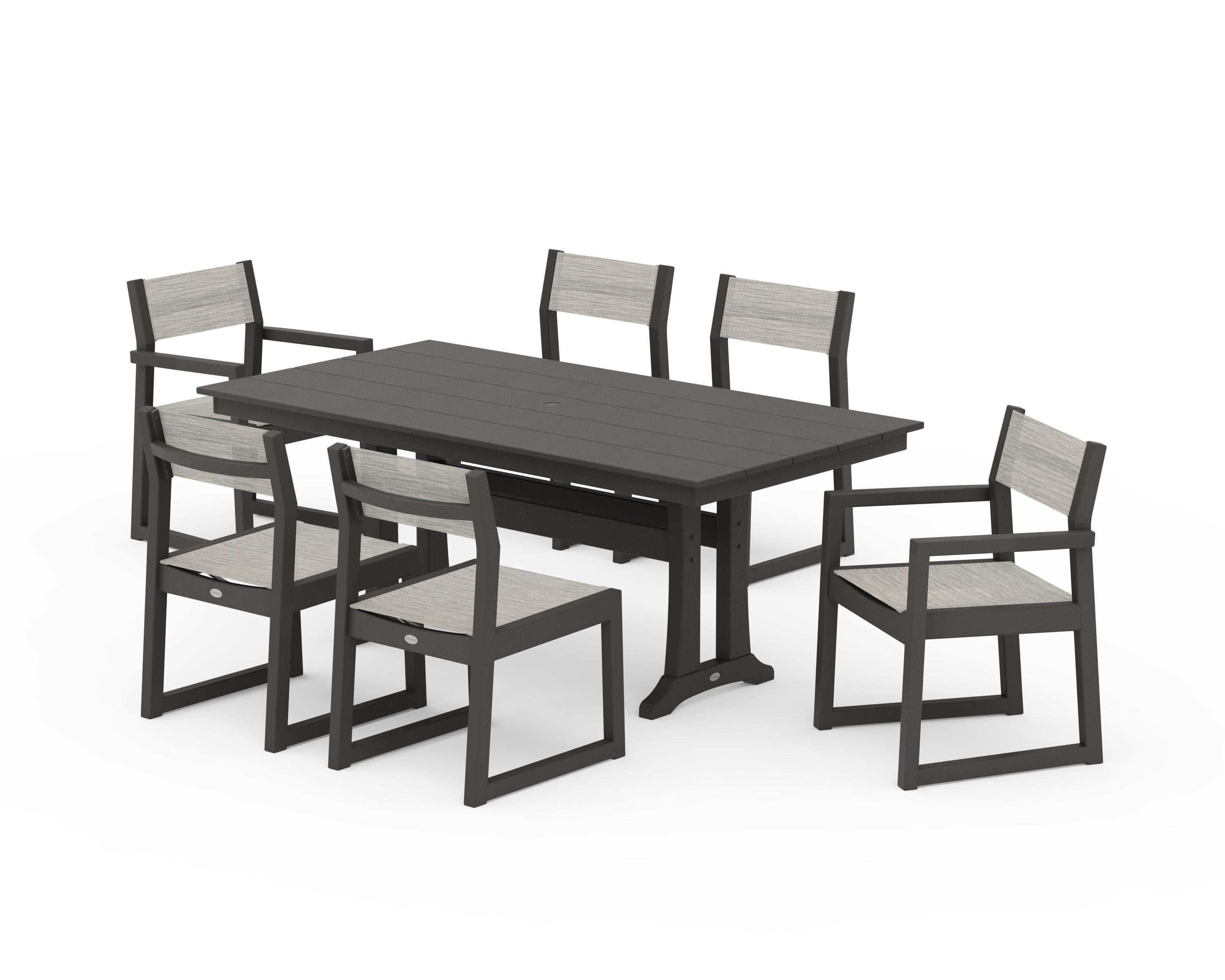 POLYWOOD EDGE Sling 7-Piece Farmhouse Trestle Dining Set in Vintage Coffee / Birch Sling