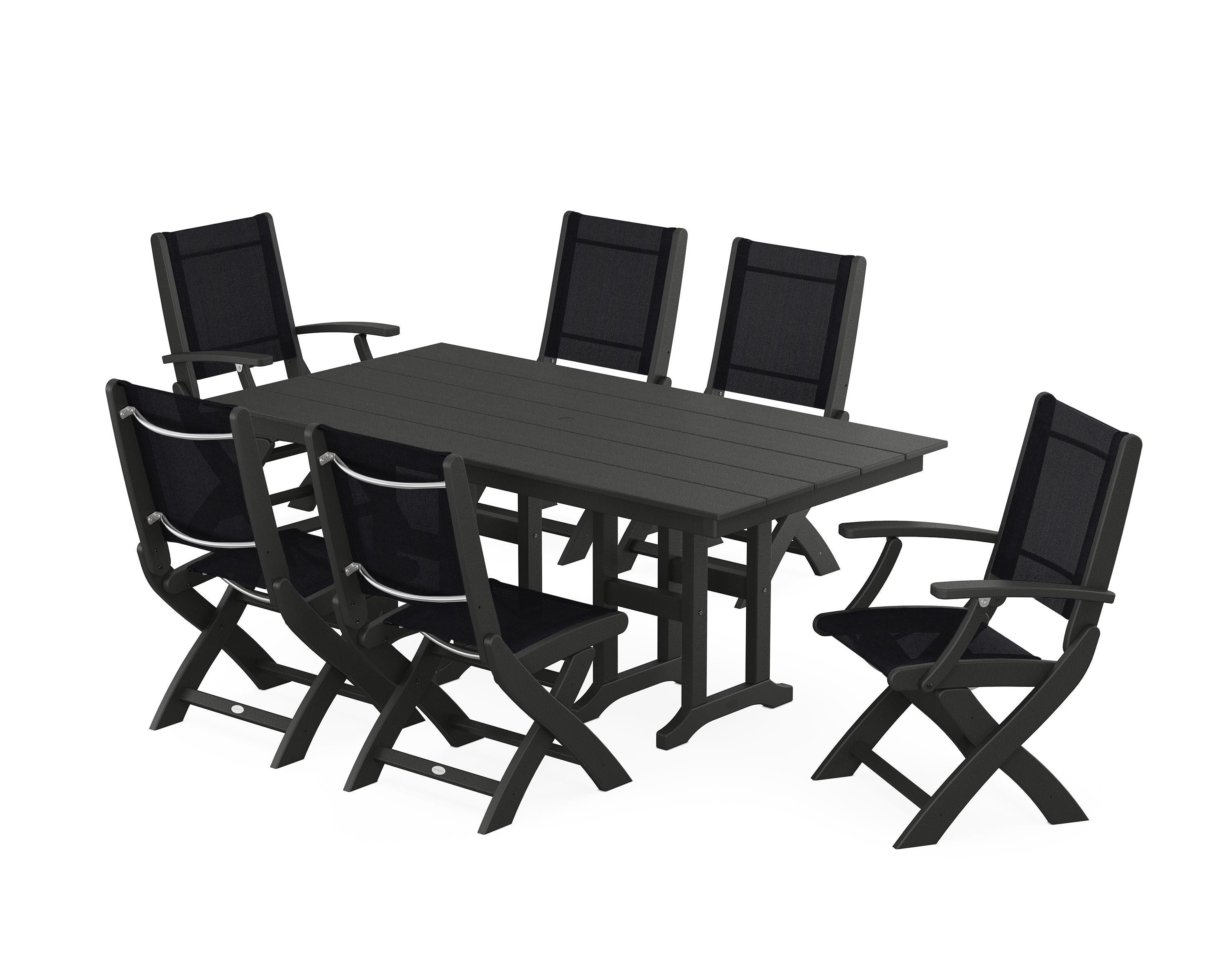 POLYWOOD Coastal Folding Chair 7-Piece Farmhouse Dining Set in Black / Black Sling