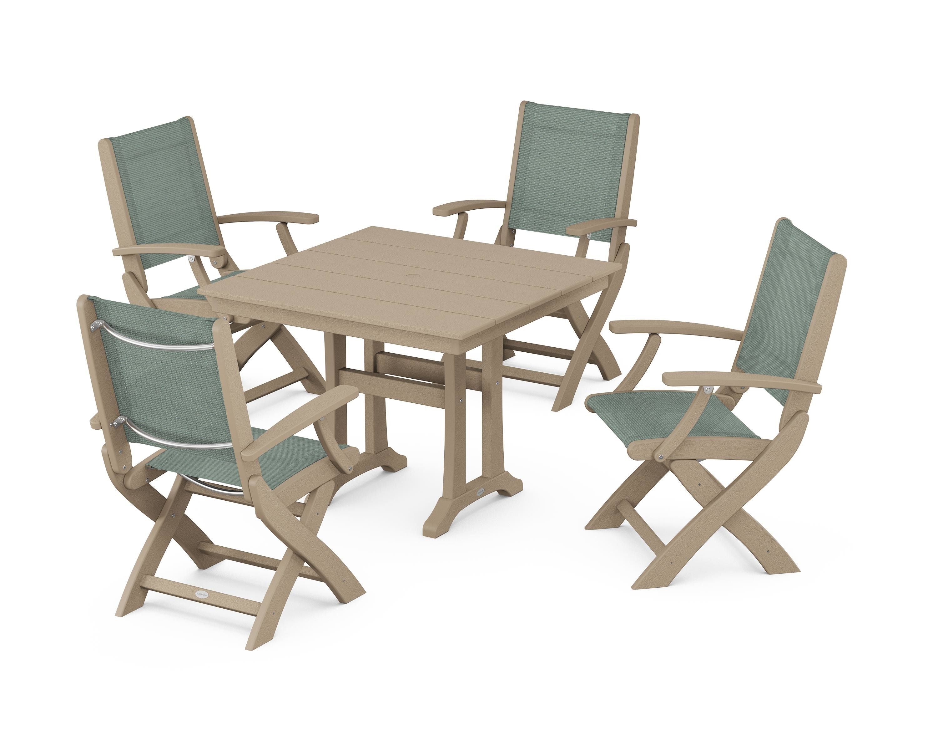 POLYWOOD Coastal Folding Chair 5-Piece Farmhouse Dining Set With Trestle Legs in Vintage Sahara / Dupioni Sea Mist Sling
