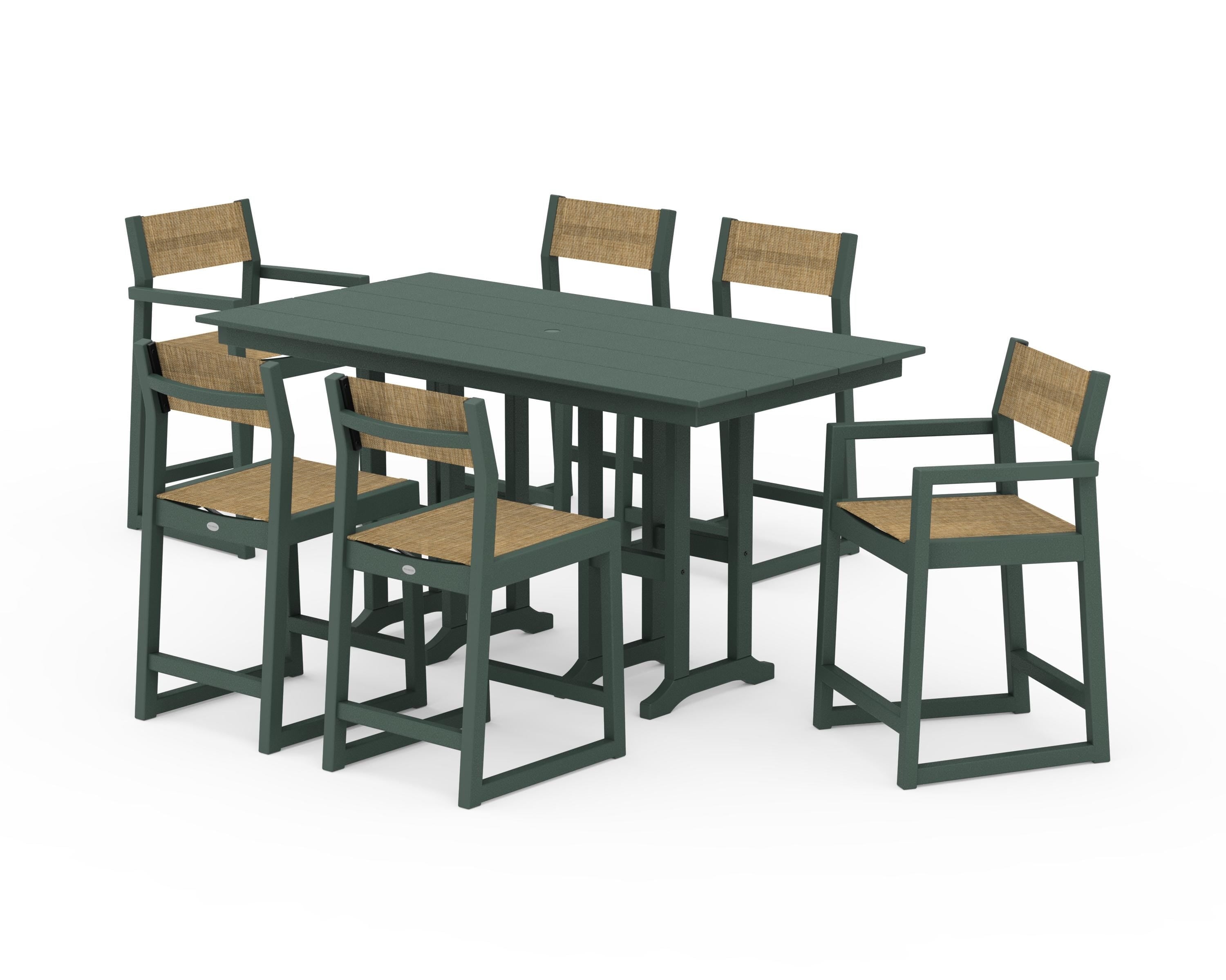 POLYWOOD EDGE Sling 7-Piece Farmhouse Counter Set in Green / Burlap Sling