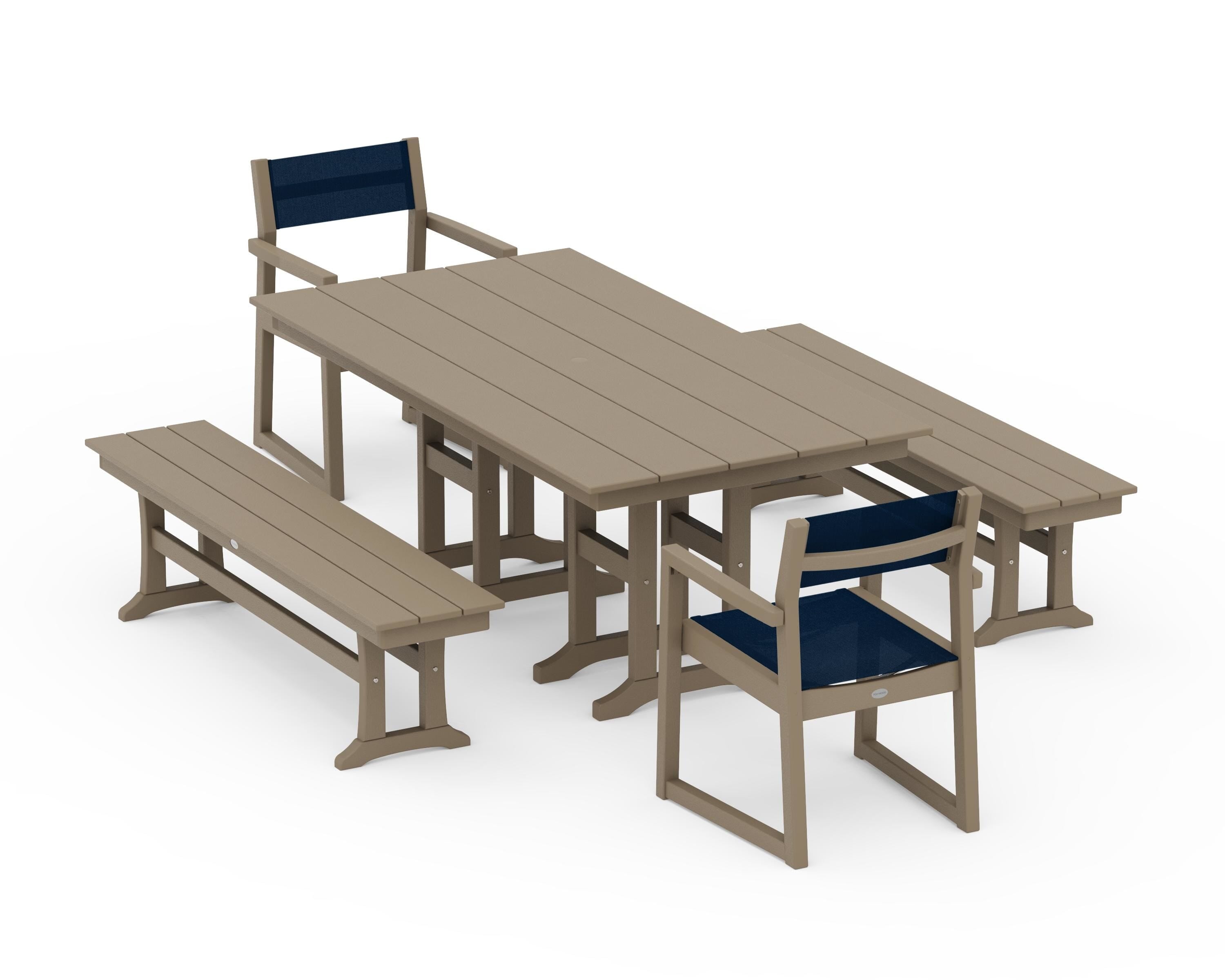 POLYWOOD EDGE Sling Arm Chair 5-Piece Farmhouse Dining Set with Benches in Vintage Sahara / Navy Blue Sling