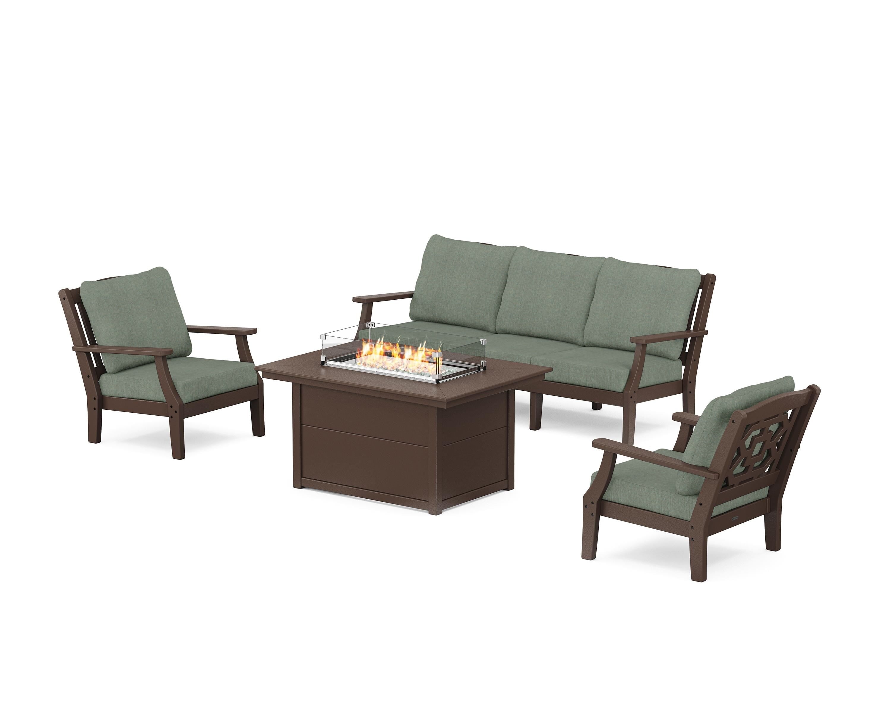 Martha Stewart by POLYWOOD Chinoiserie Deep Seating Fire Pit Table Set in Mahogany / Cast Sage