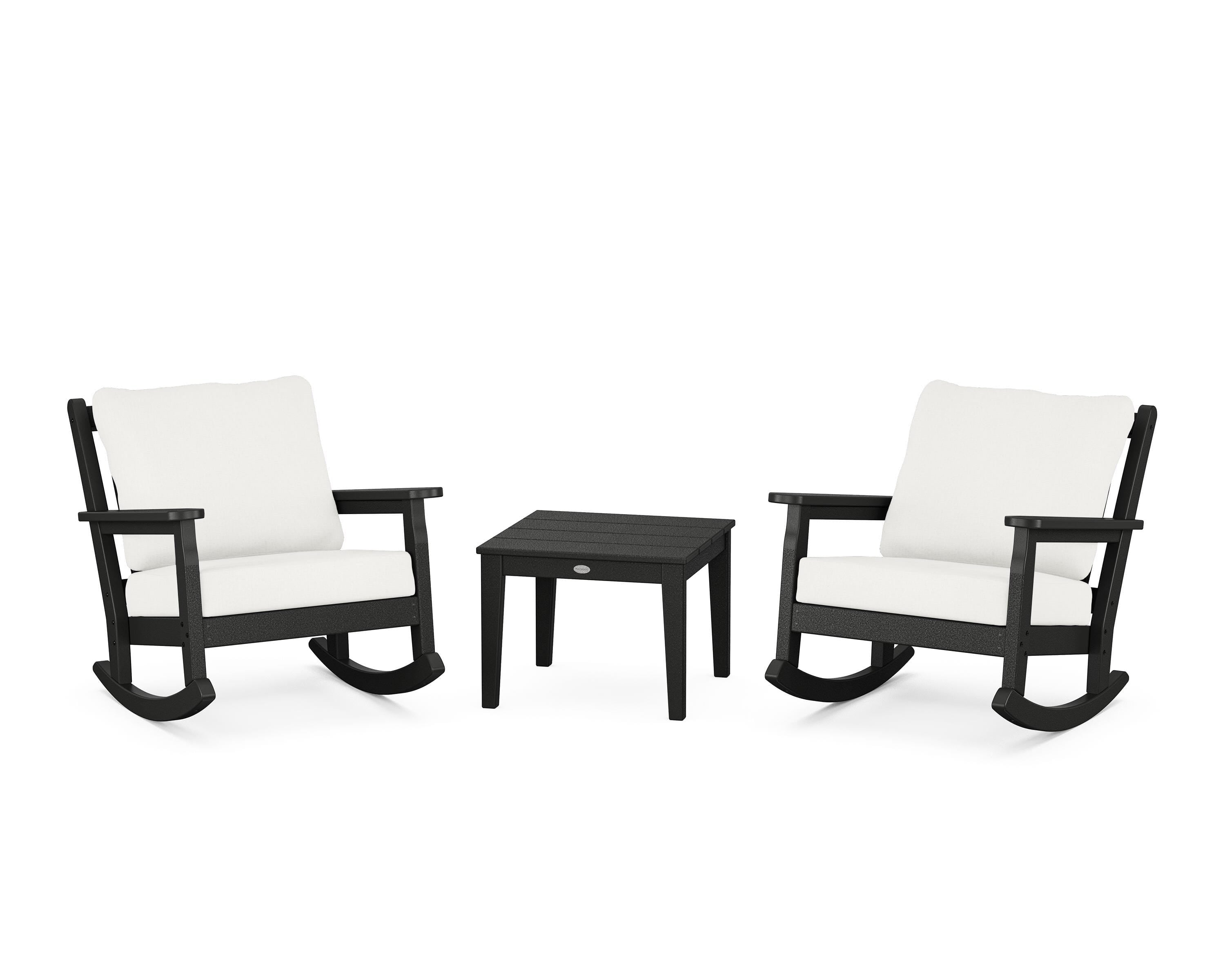 POLYWOOD Chippendale 3-Piece Deep Seating Rocker Set in Black / Natural Linen