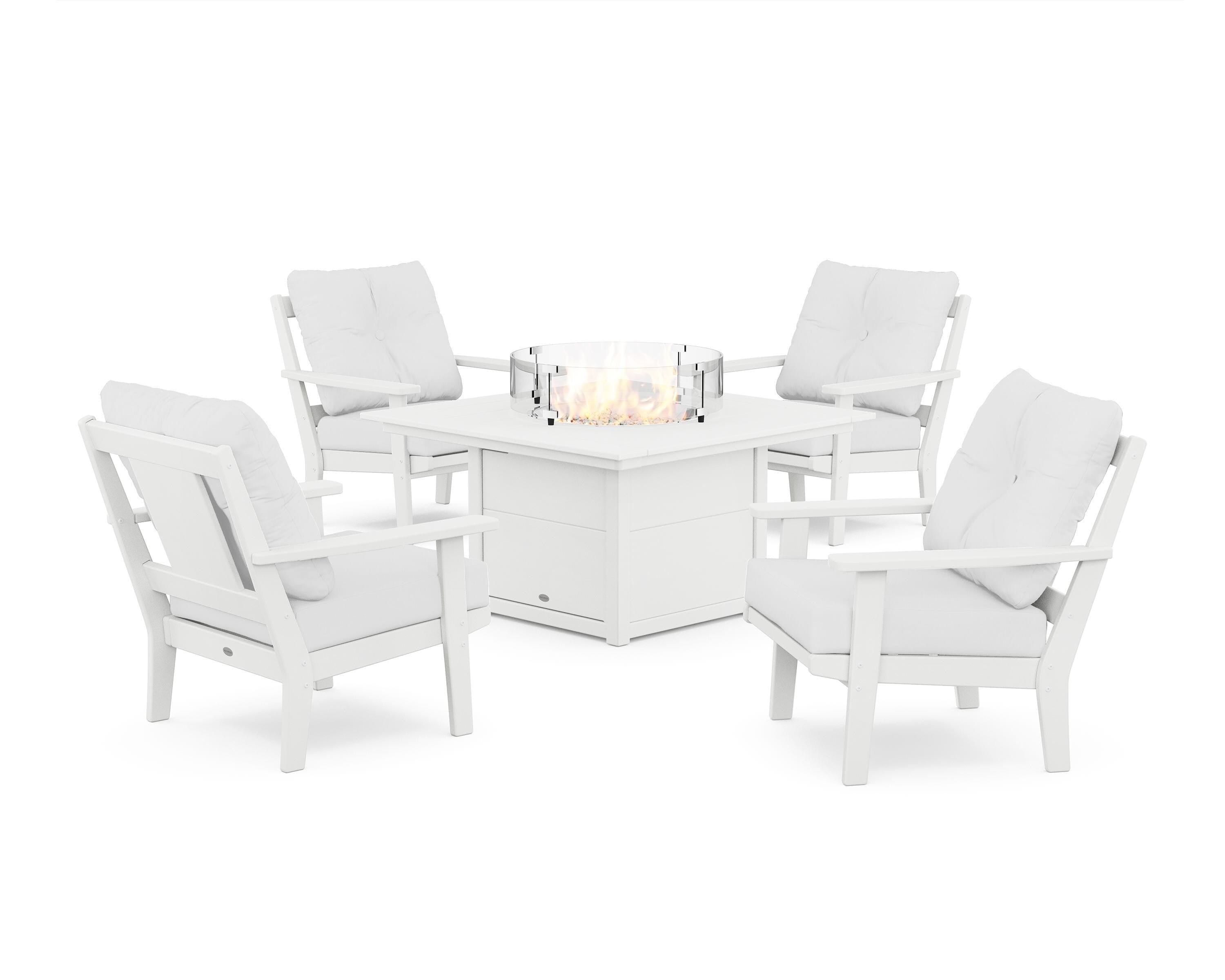 POLYWOOD Prairie 5-Piece Deep Seating Set with Fire Pit Table in White / Natural