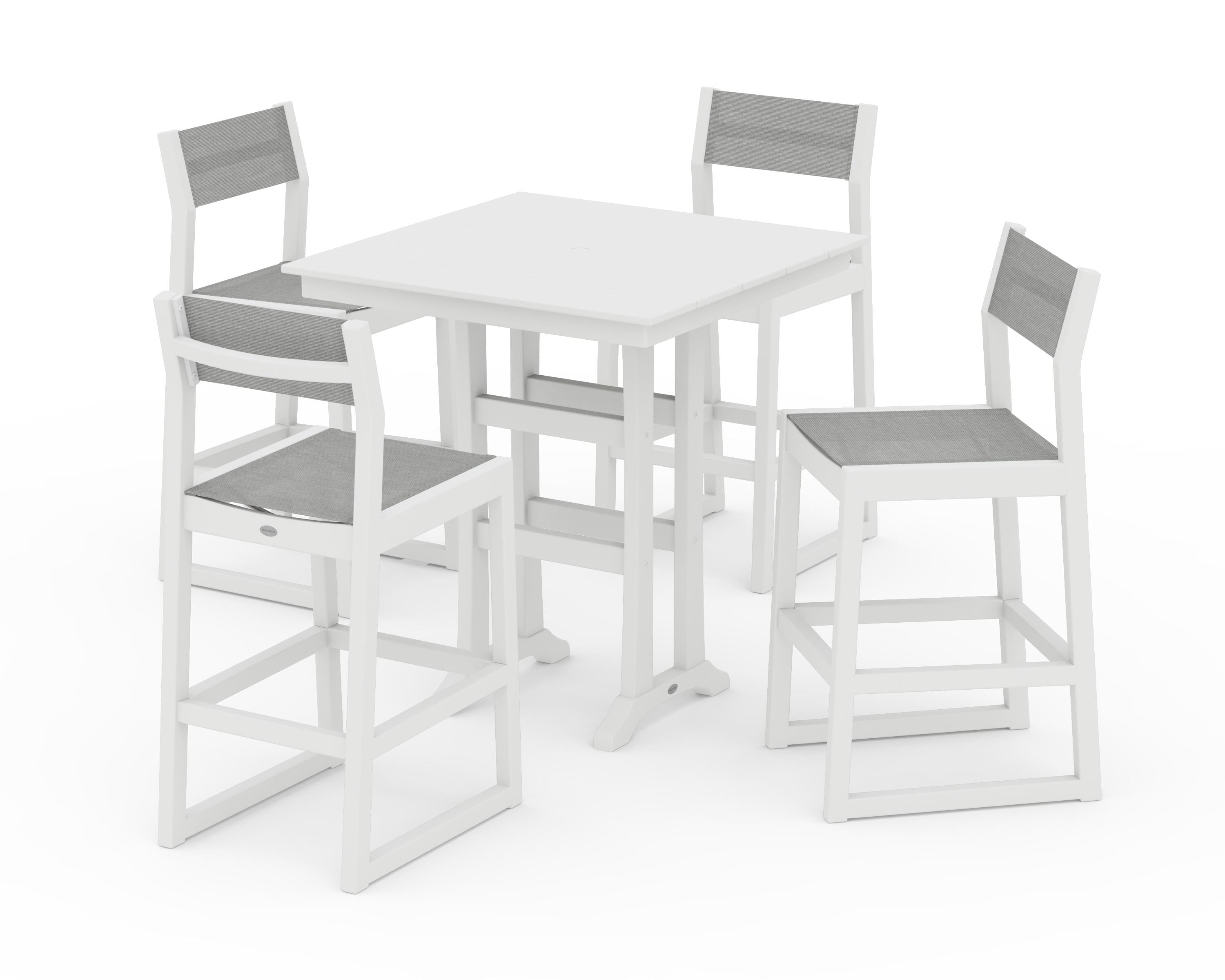 POLYWOOD EDGE Sling Arm Chair 5-Piece Farmhouse Bar Set with Trestle Legs in White / Metallic Sling