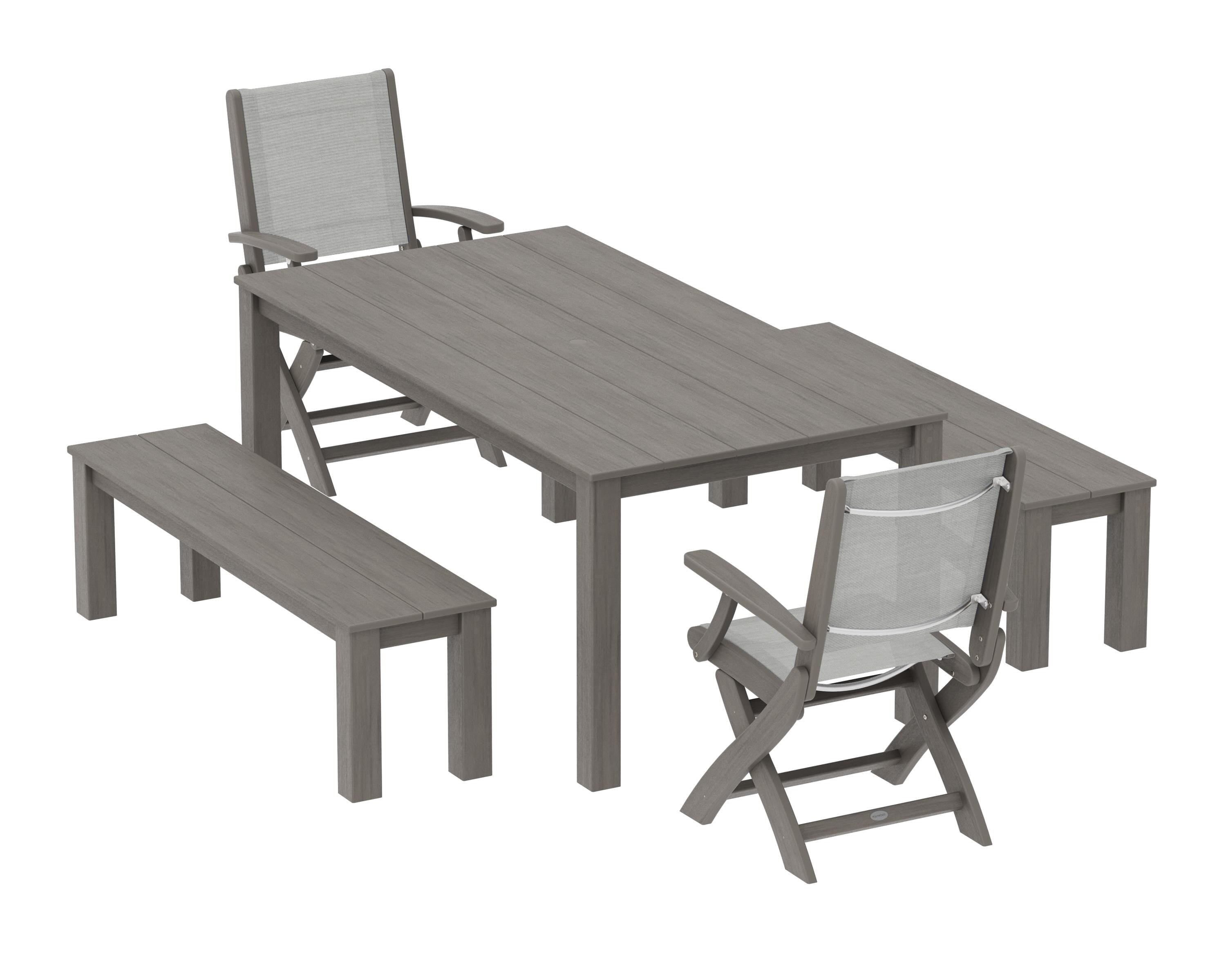 POLYWOOD Coastal Folding Chair 5-Piece Parsons Dining Set with Benches in Driftwood / Metallic Sling