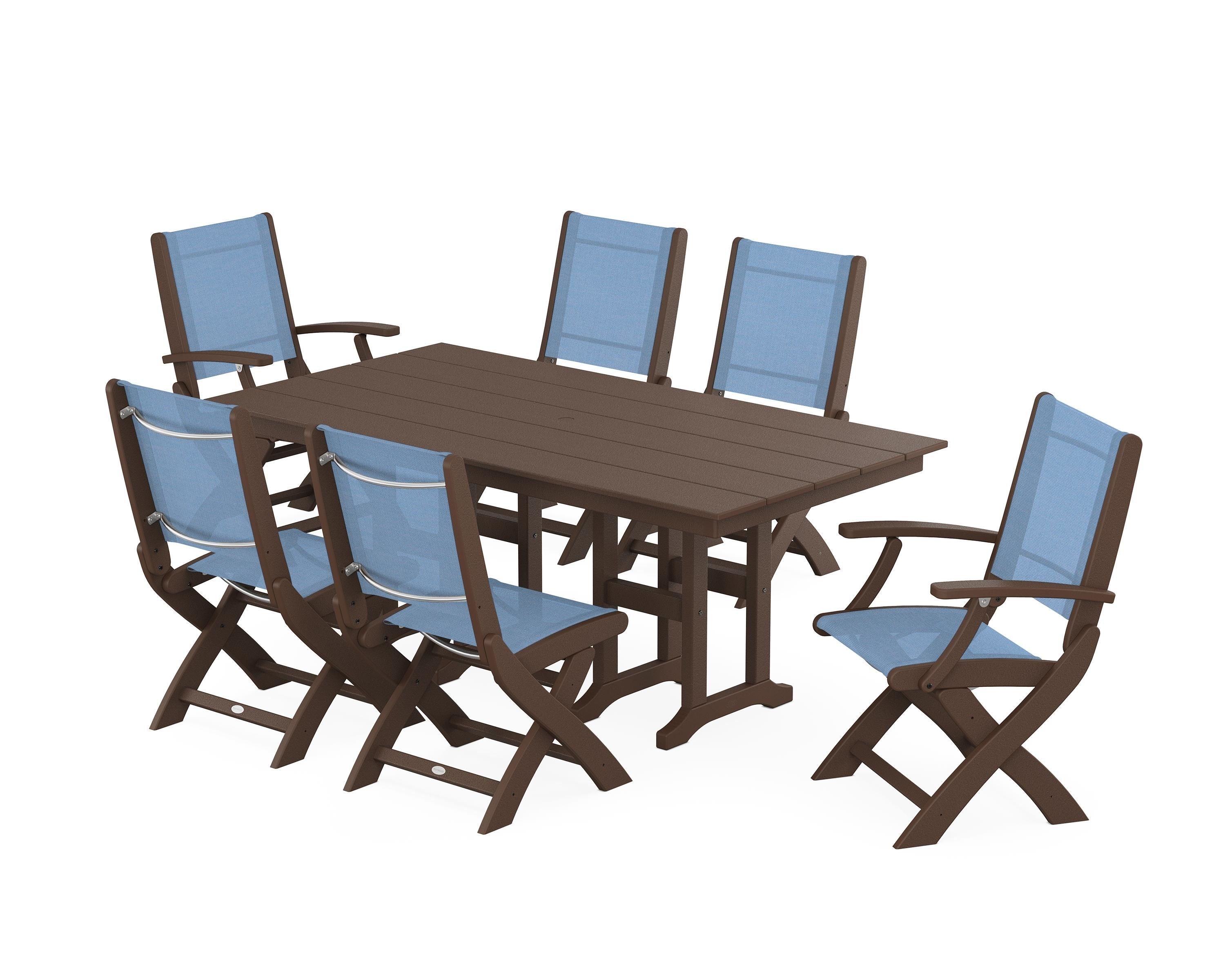 POLYWOOD Coastal Folding Chair 7-Piece Farmhouse Dining Set in Mahogany / Poolside Sling