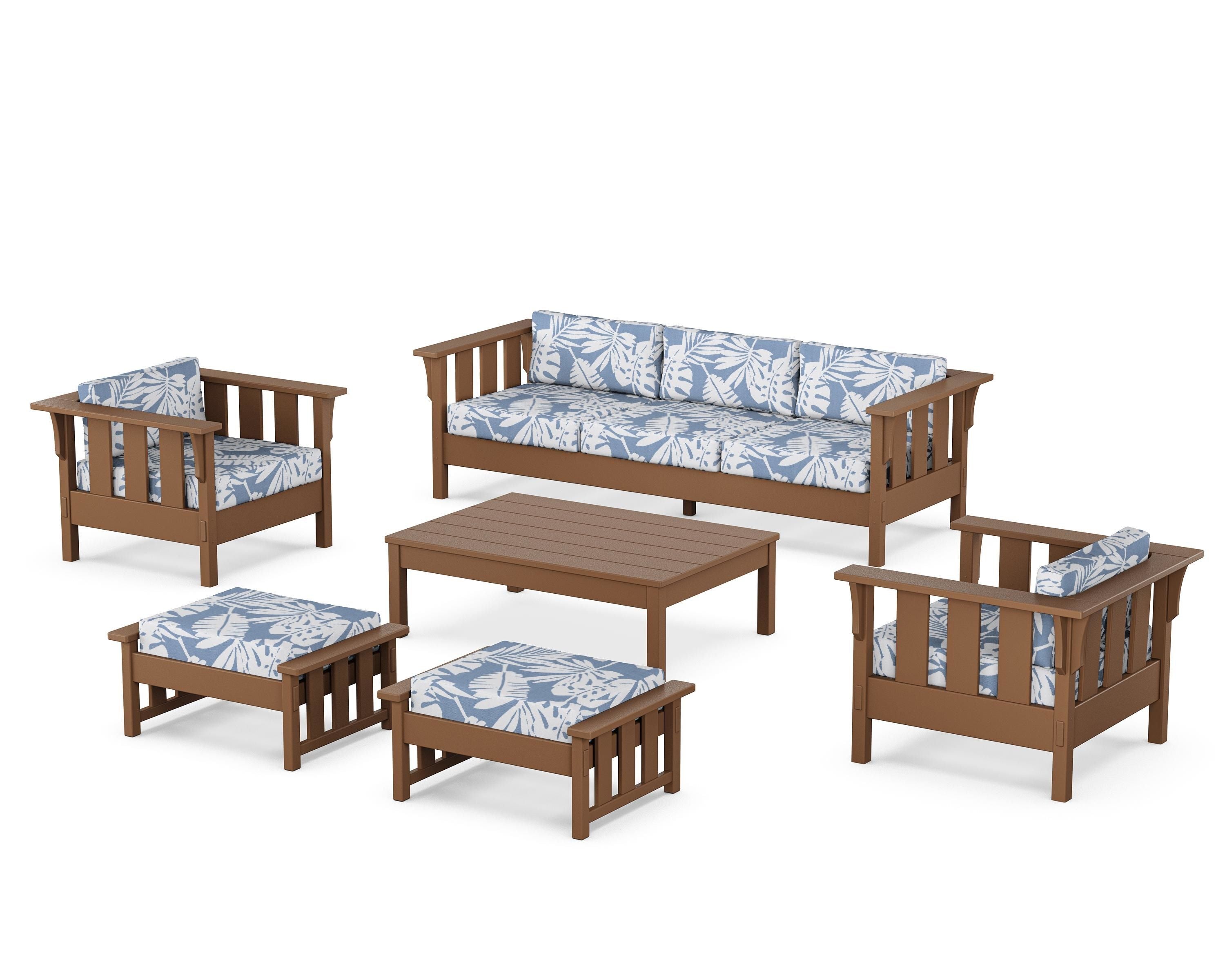 Martha Stewart by POLYWOOD Acadia 6-Piece Lounge Sofa Set in Teak / Leaf Sky Blue