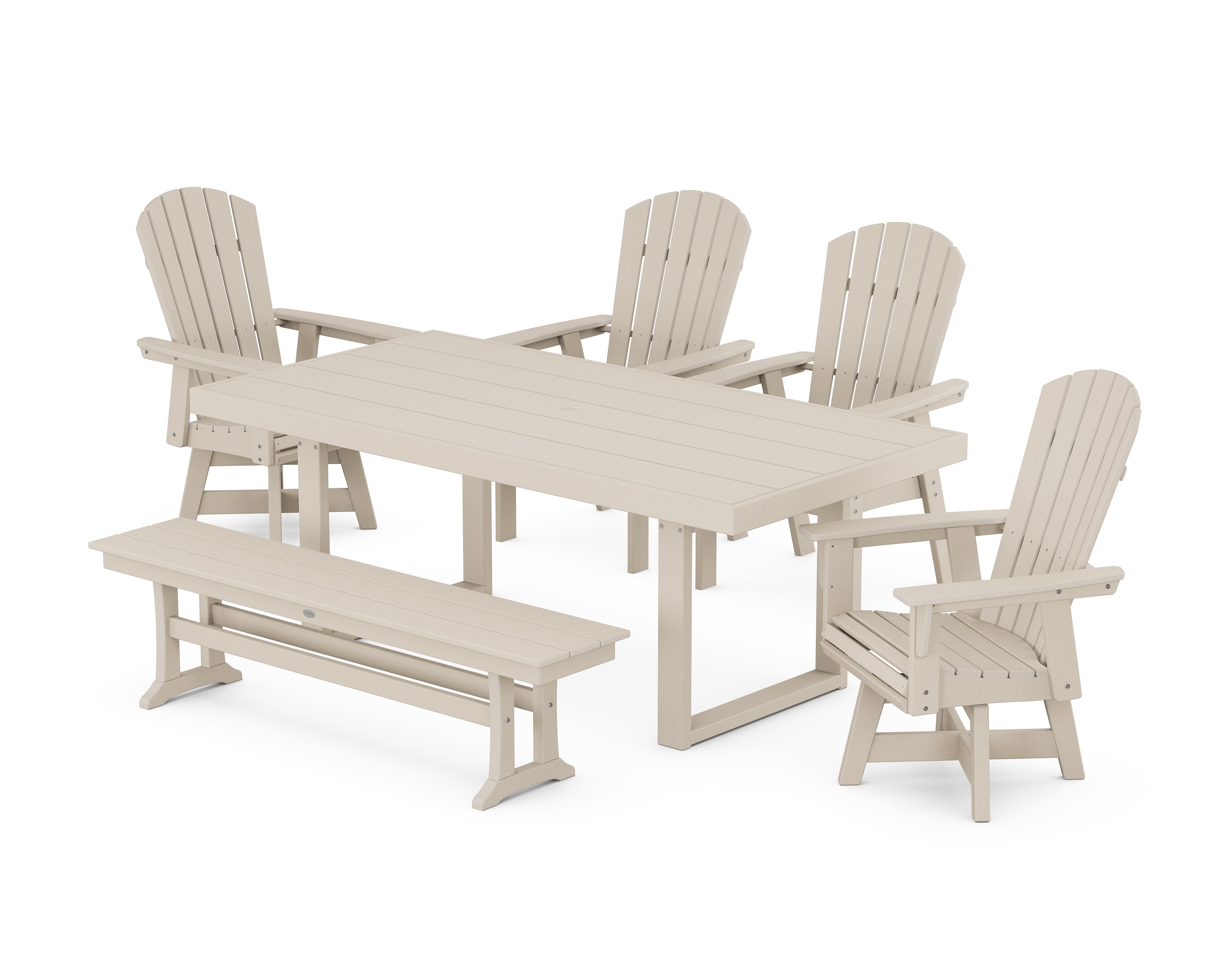 POLYWOOD® Nautical Curveback Adirondack Swivel Chair 6-Piece Dining Set with Bench in Sand
