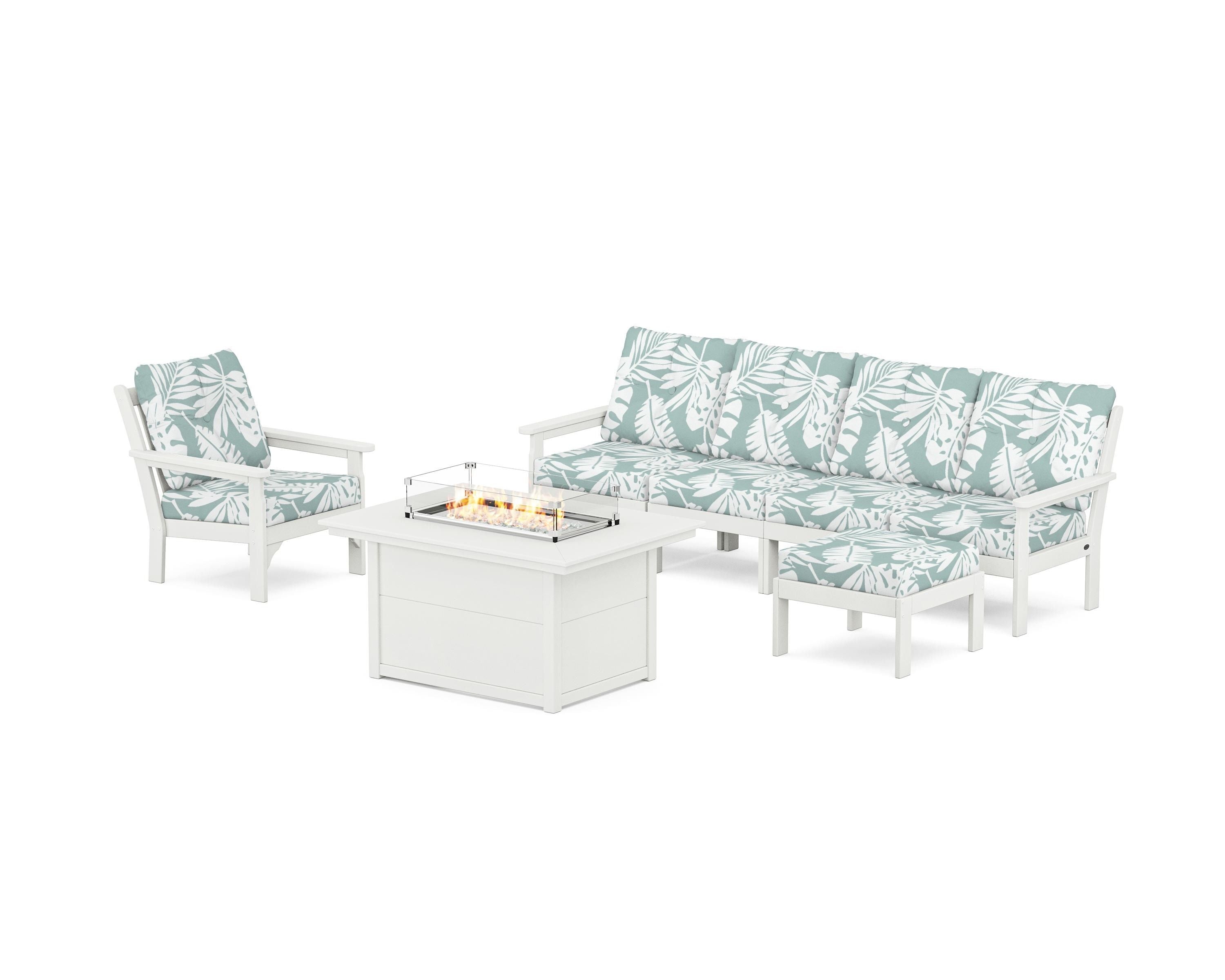 POLYWOOD Vineyard Sectional Lounge and Fire Pit Set in Vintage White / Leaf Glacier Spa