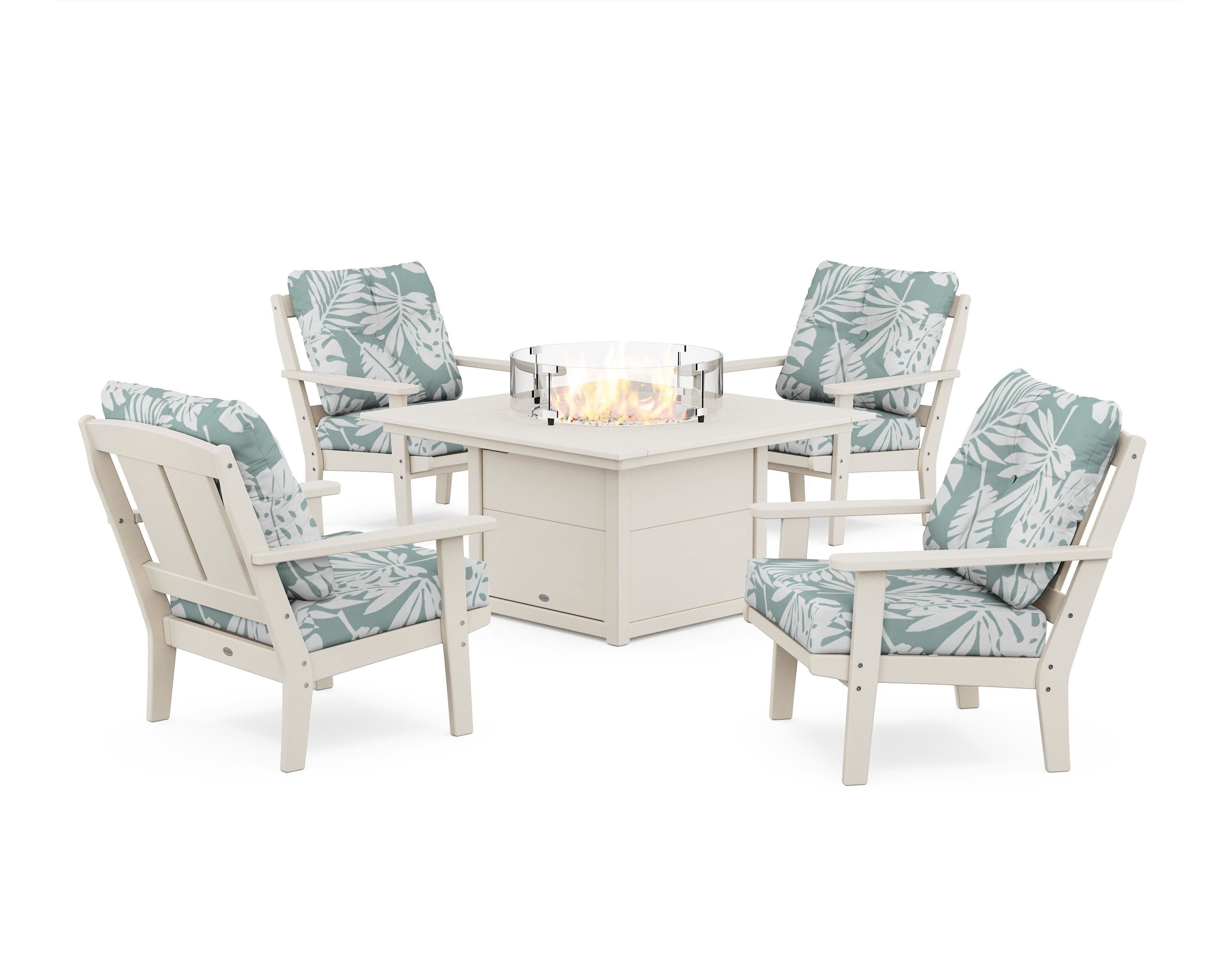 POLYWOOD Mission 5-Piece Deep Seating Set with Fire Pit Table in Sand / Leaf Glacier Spa