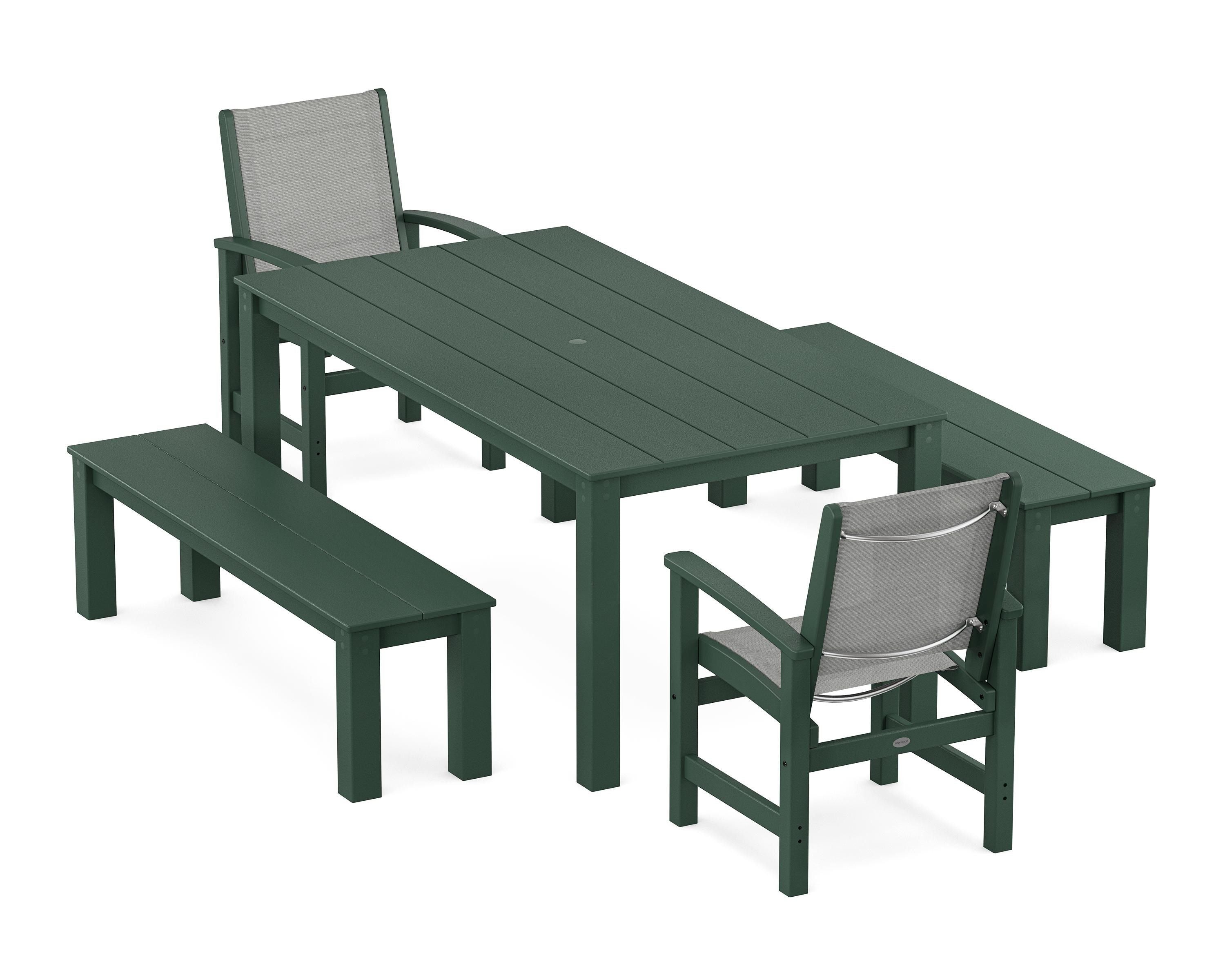 POLYWOOD Coastal 5-Piece Parsons Dining Set with Benches in Green / Metallic Sling