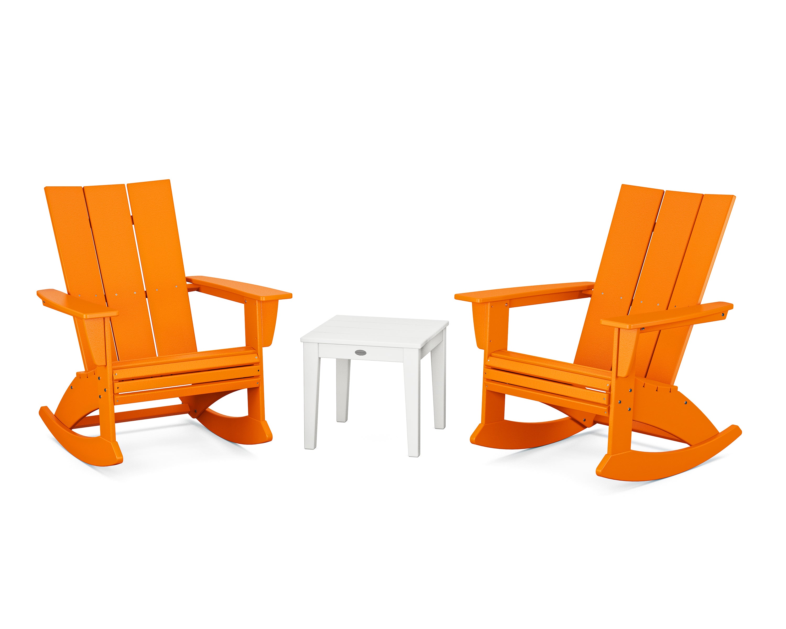 POLYWOOD Modern Curveback 3-Piece Adirondack Rocking Chair Set in Tangerine / White