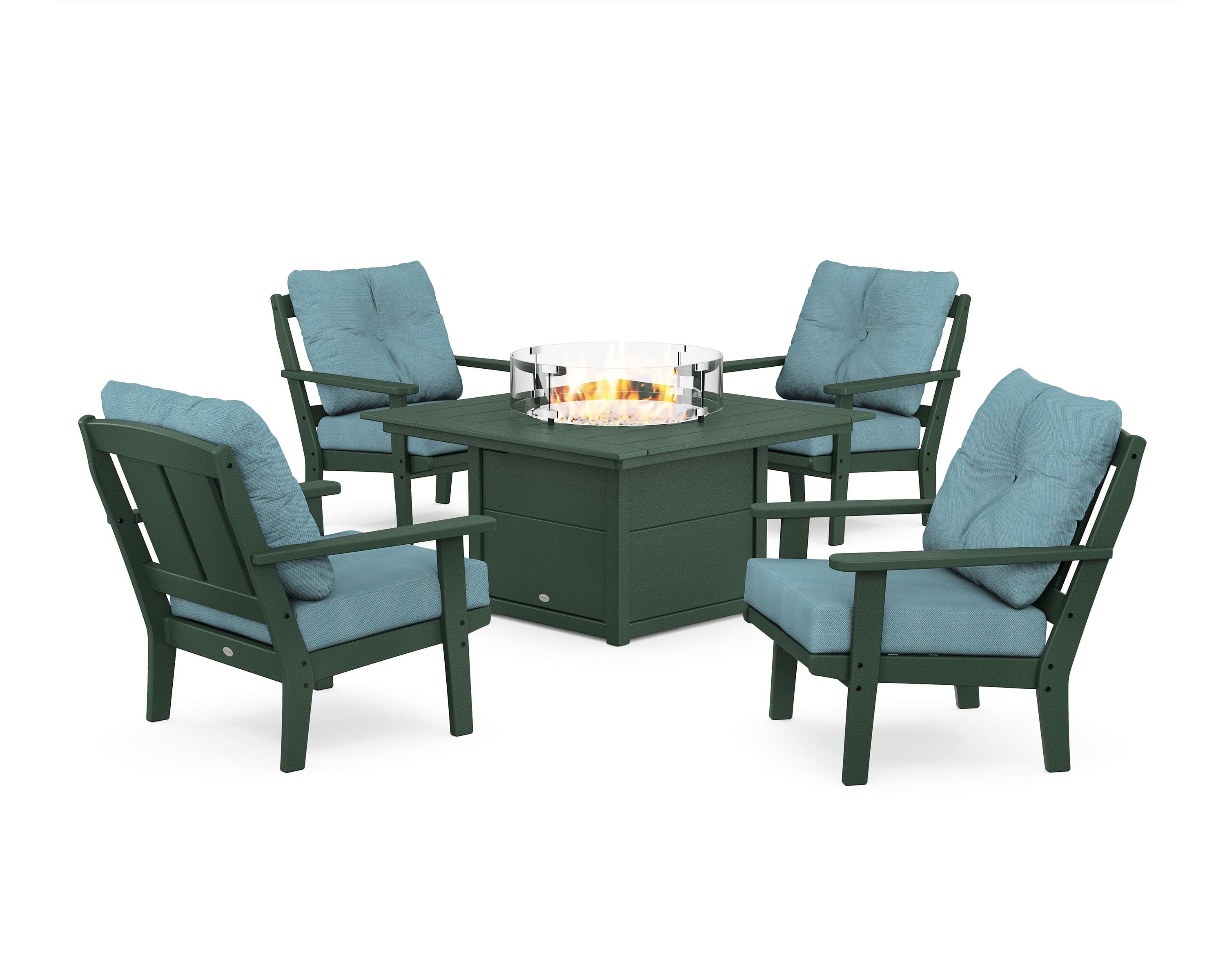 POLYWOOD Mission 5-Piece Deep Seating Set with Fire Pit Table in Green / Lattice Sky Blue