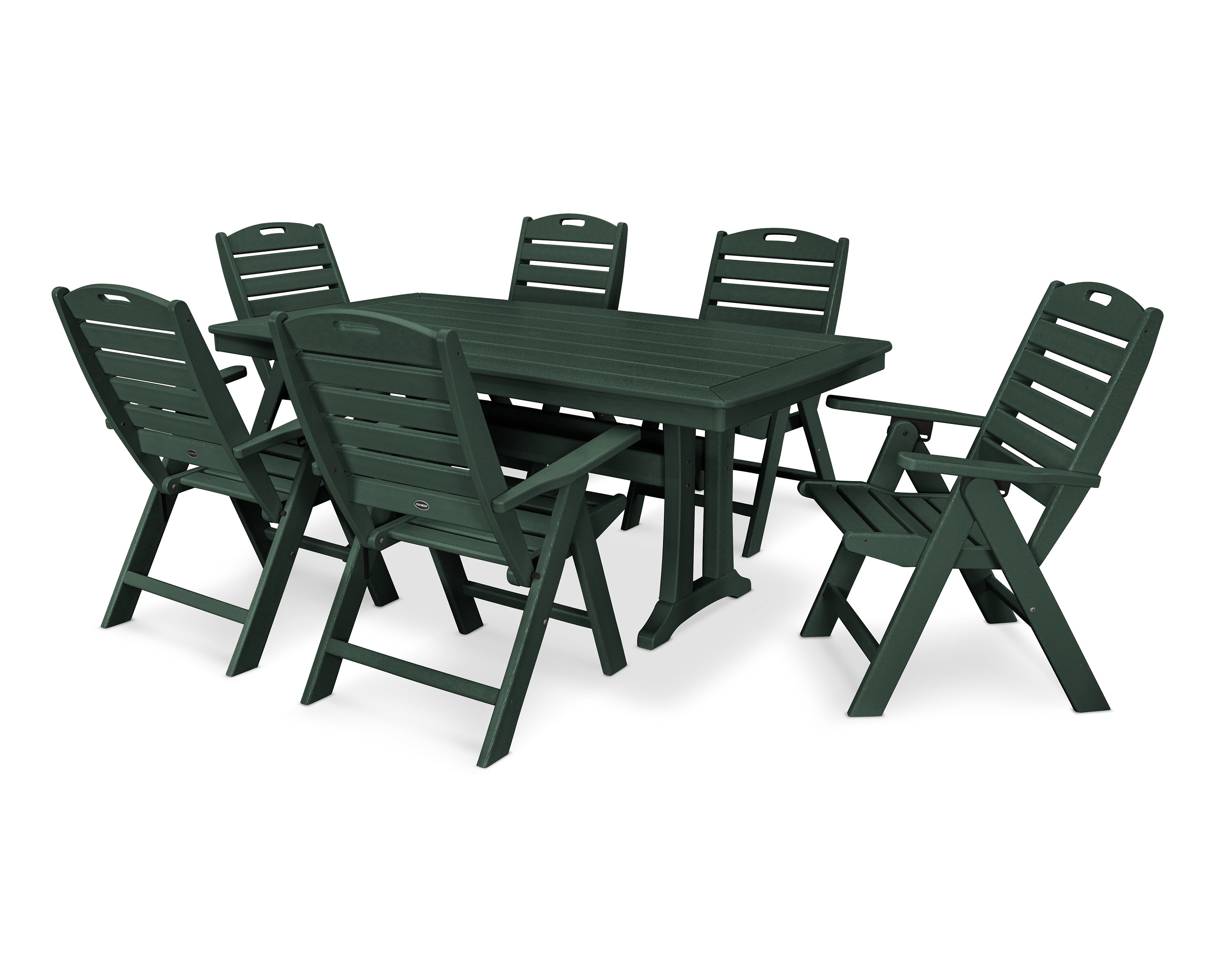 POLYWOOD Nautical Folding Highback Chair 7-Piece Dining Set with Trestle Legs in Green