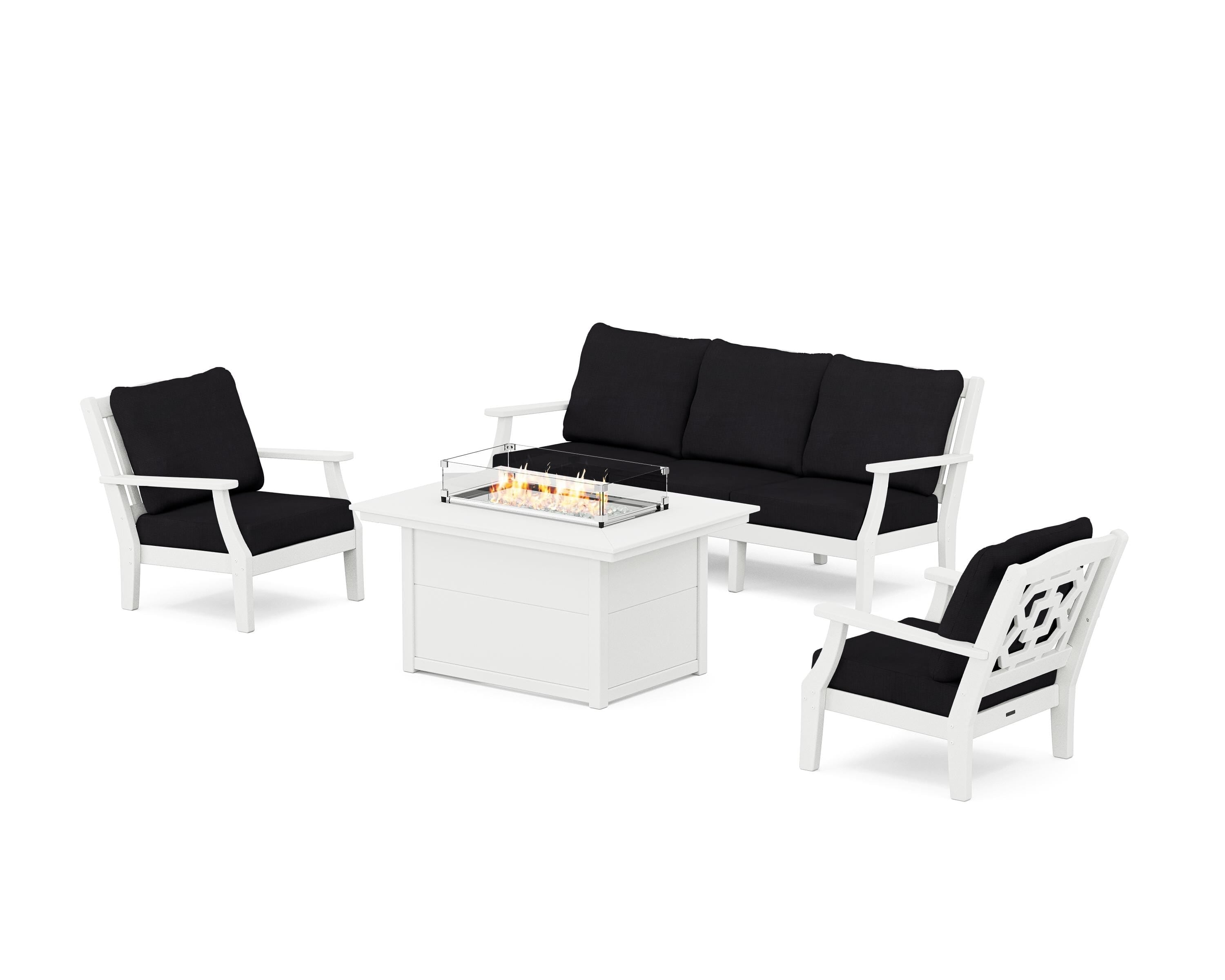 Martha Stewart by POLYWOOD Chinoiserie Deep Seating Fire Pit Table Set in White / Midnight Linen