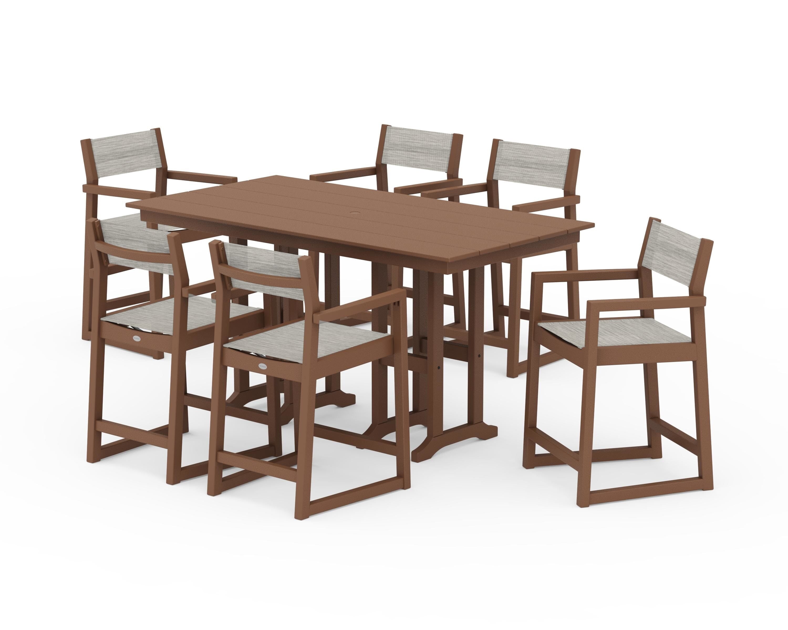 POLYWOOD EDGE Sling Arm Chair 7-Piece Farmhouse Counter Set in Teak / Birch Sling