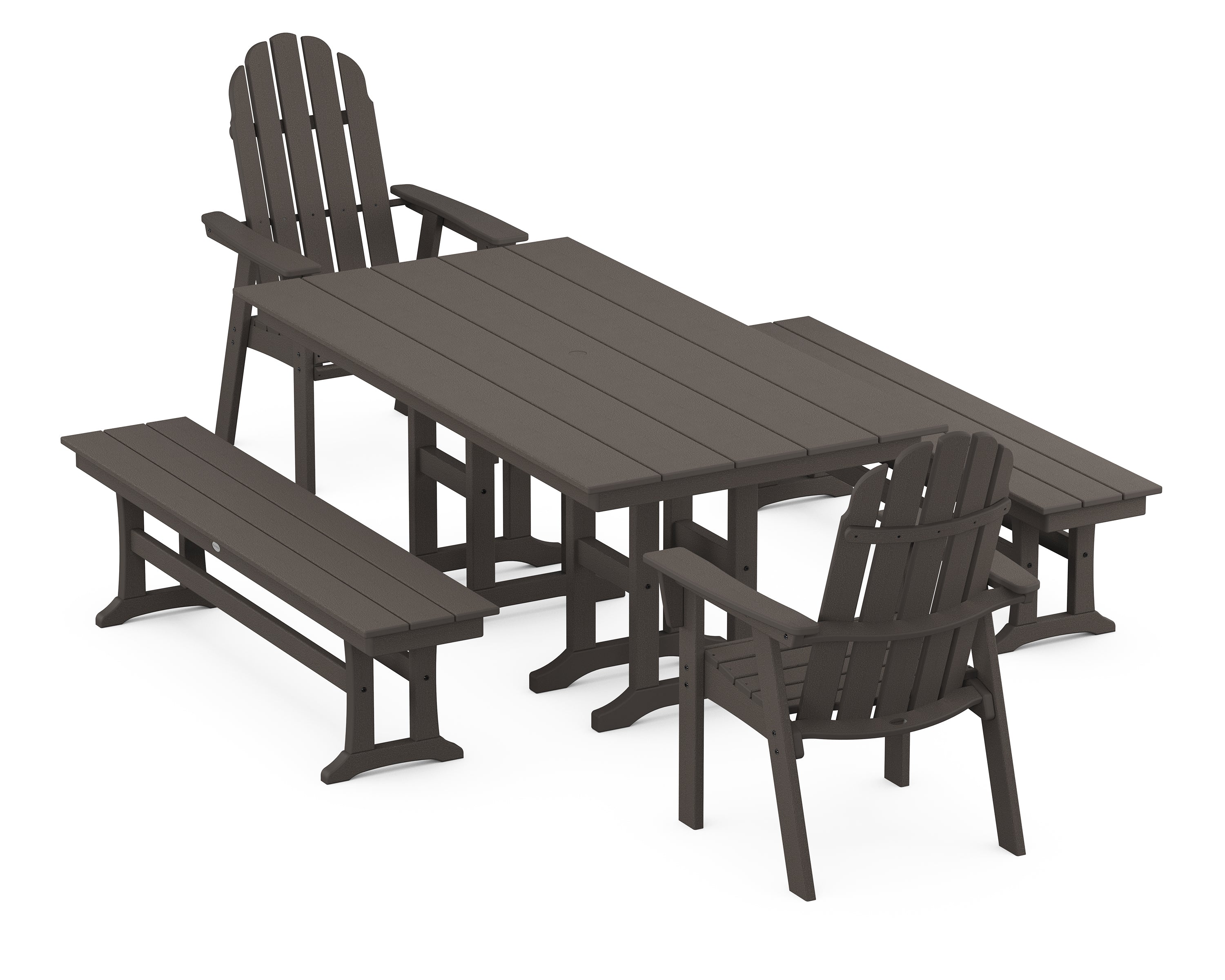POLYWOOD Vineyard Curveback Adirondack 5-Piece Farmhouse Dining Set with Benches in Vintage Coffee
